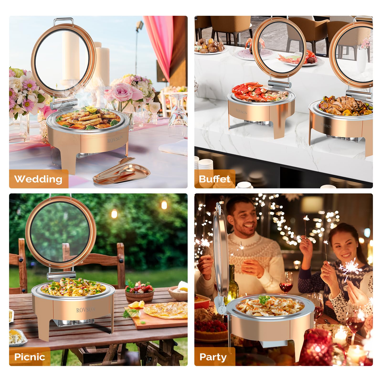 ROVSUN 6 QT Round Rose Gold Chafing Dish Buffet Set with Serving Tong