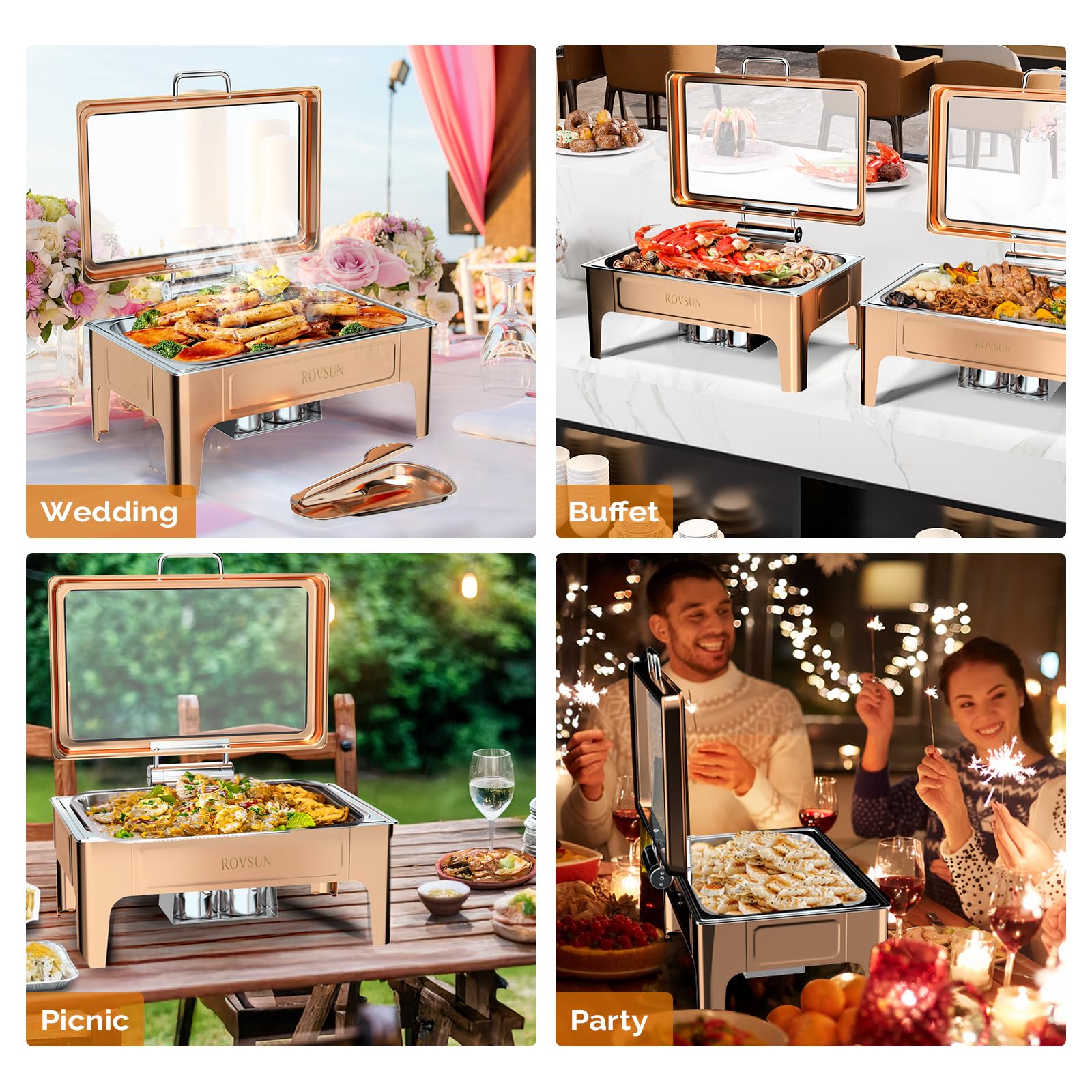 ROVSUN 9 QT Rectangular Rose Gold Chafing Dish Buffet Set with Serving Tong