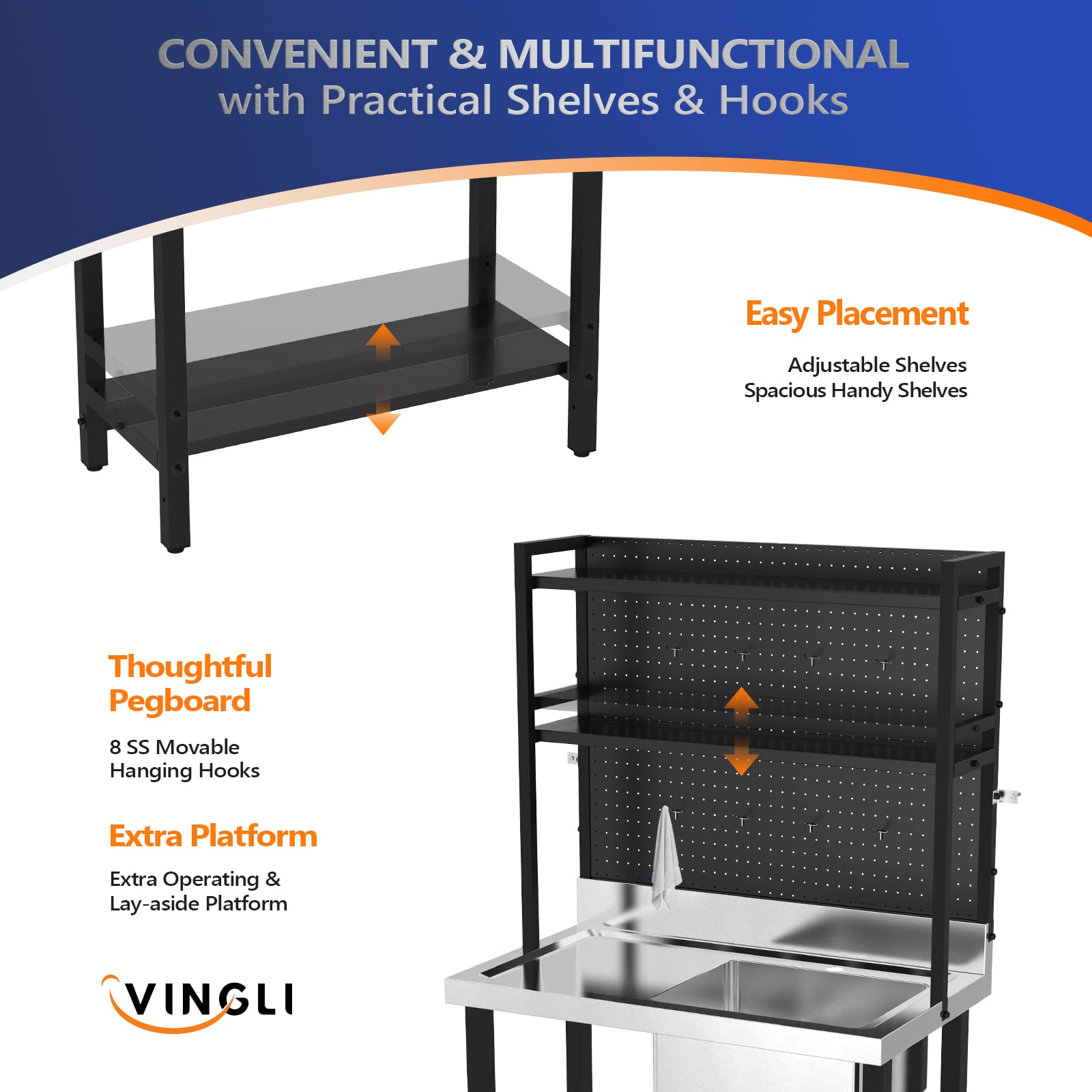 ROVSUN 36" x 21" One Compartment Stainless Steel Sink with Shelves