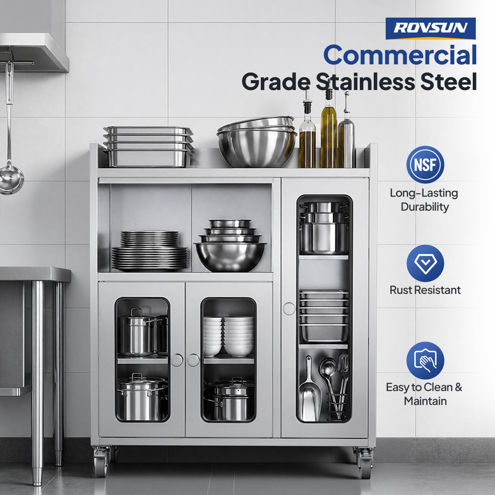 ROVSUN 35" x 16" Stainless Steel Table with Cabinet & Wheels