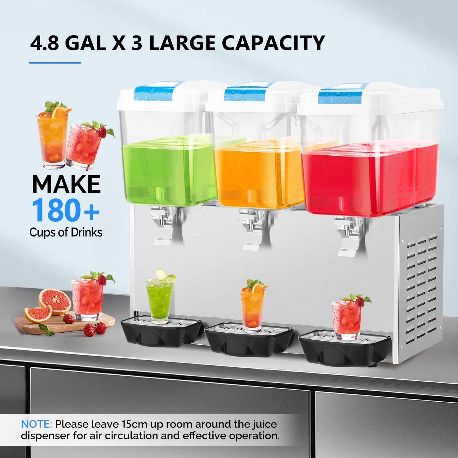 ROVSUN 14.4 Gallon 325W 110V 3 Tank Refrigerated Beverage Dispenser for Juice & Cold Drink