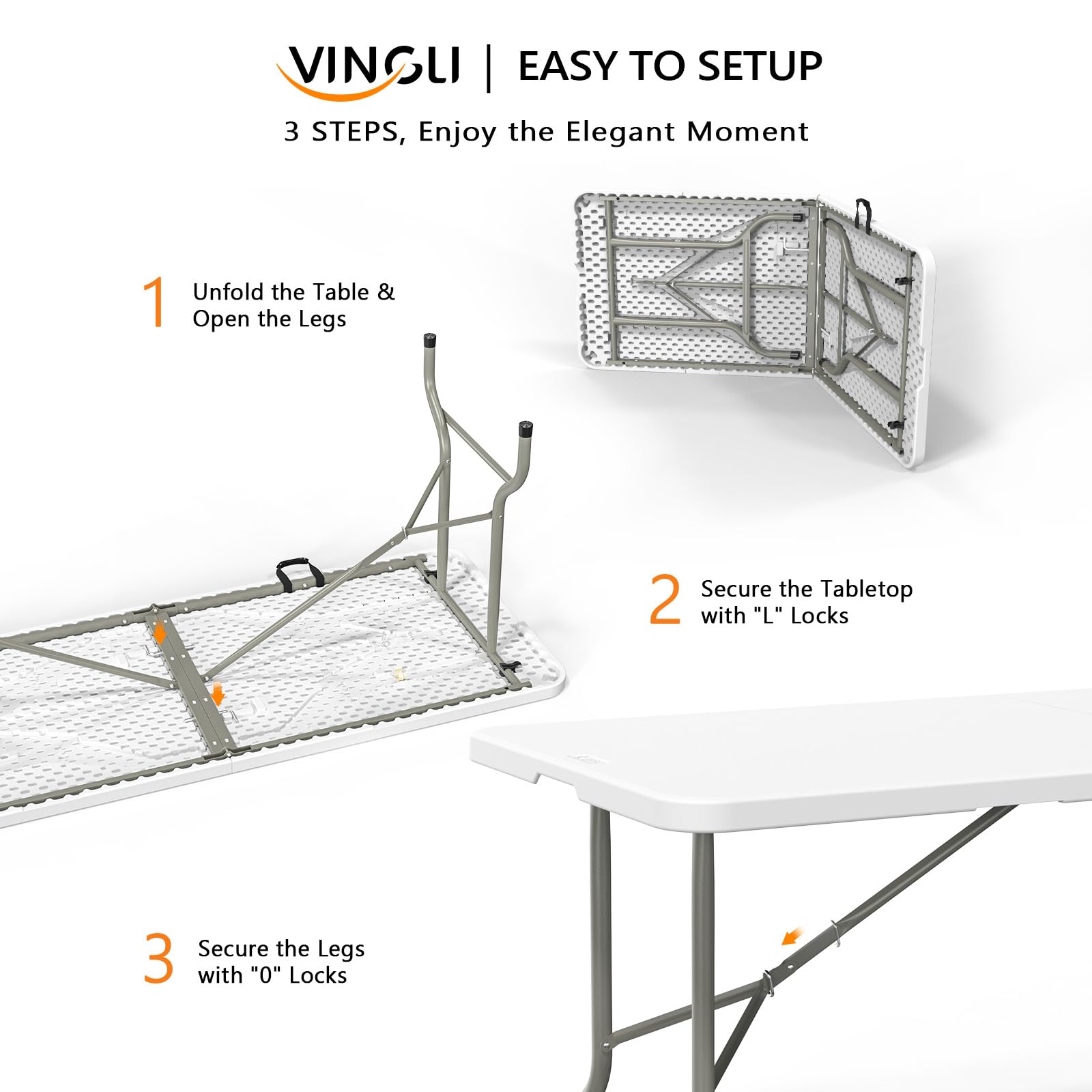8 FT Folding Portable Plastic Long Table with Carrying Handle