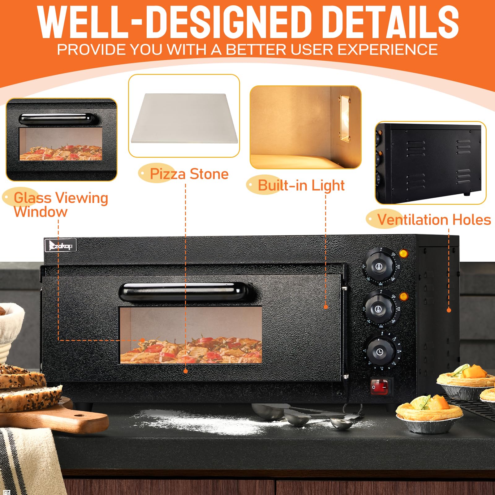 14" 2000W 110V Single Deck Pizza Oven with Visible Window Black