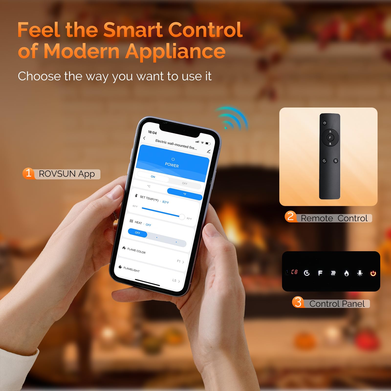 ROVSUN 60'' 1500W 120V 3-in-1 Electric Fireplace with Remote & APP