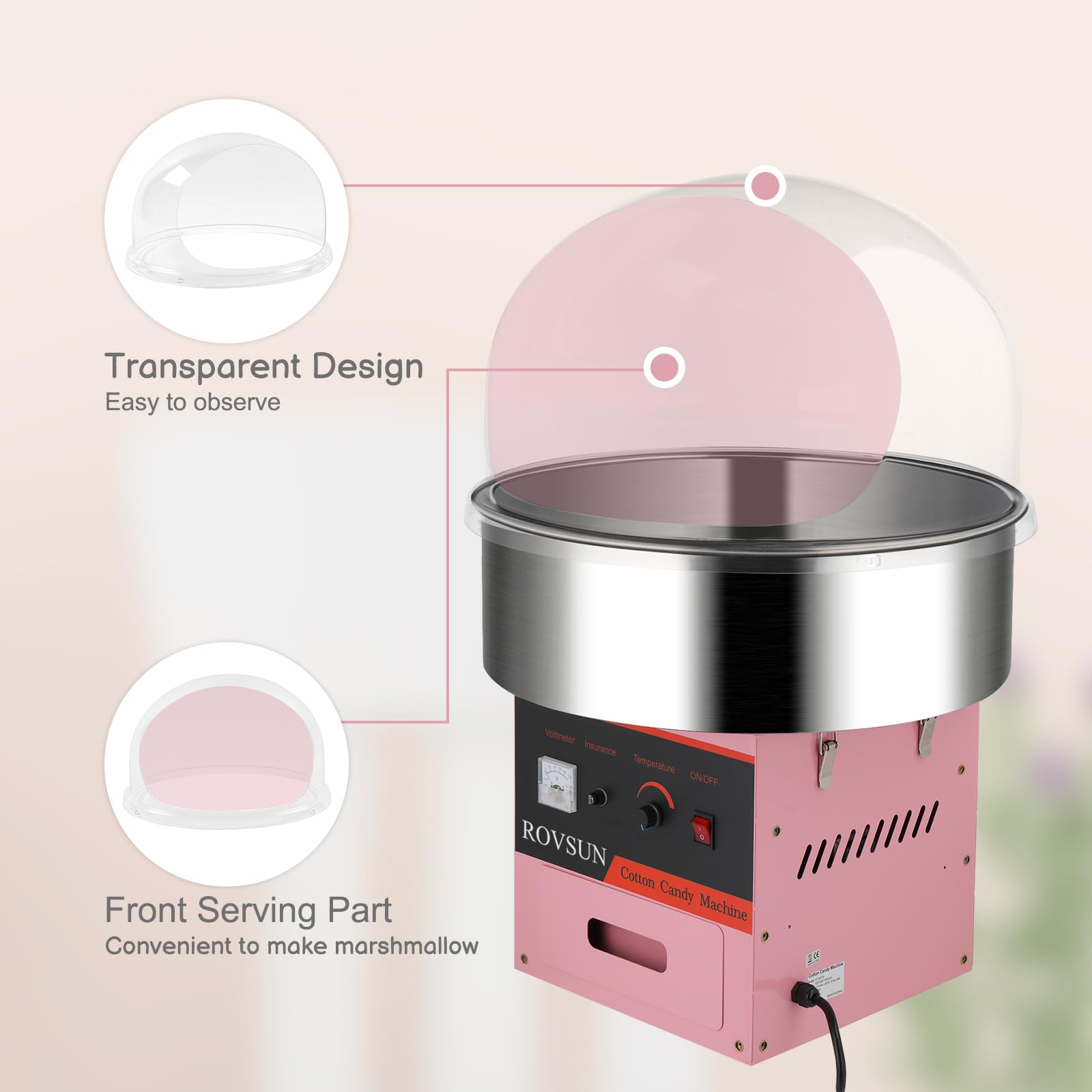 ROVSUN 21" 980W 110V Cotton Candy Machine with Bowl & Cover Pink