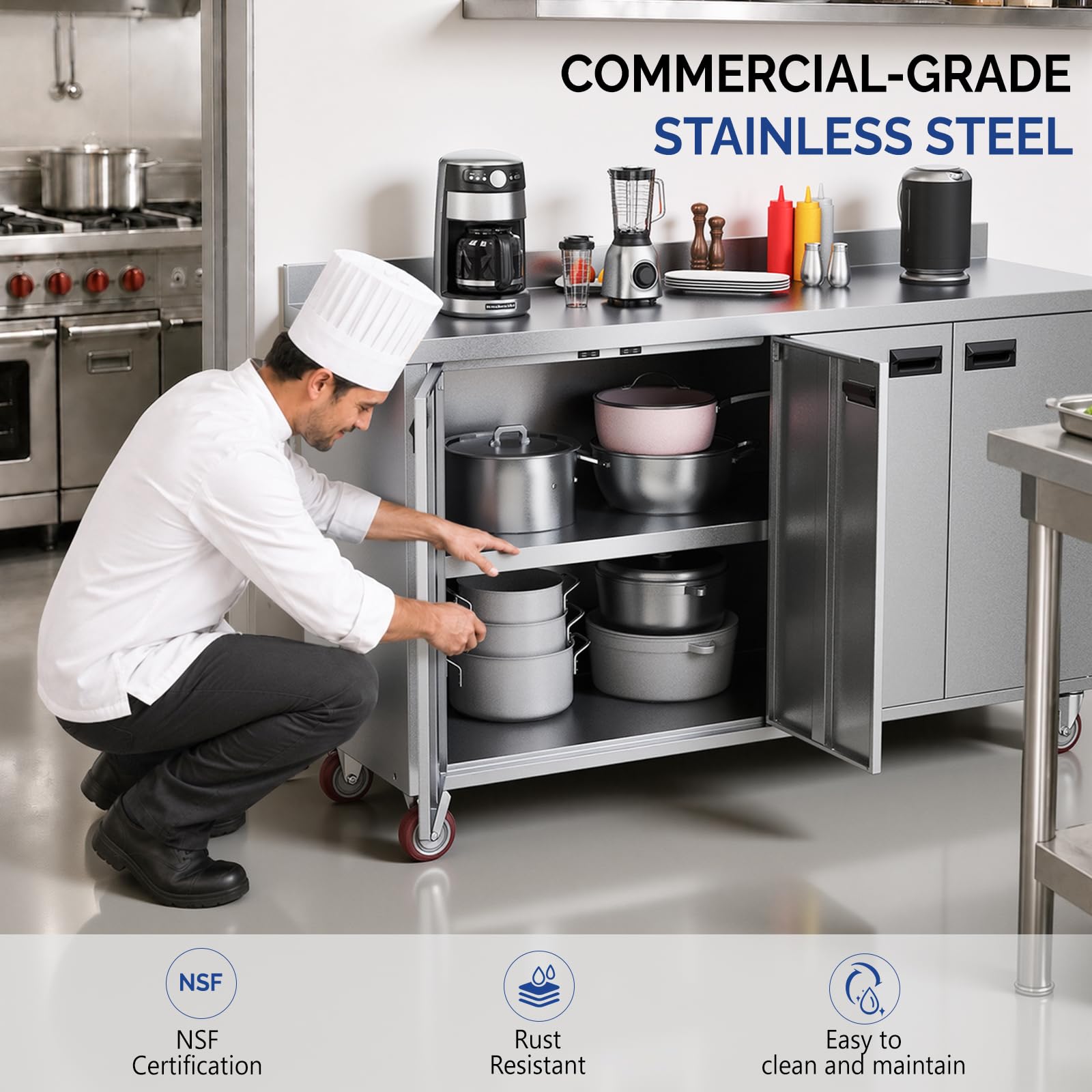 ROVSUN 59" x 19" Stainless Steel Table with Cabinet & Wheels