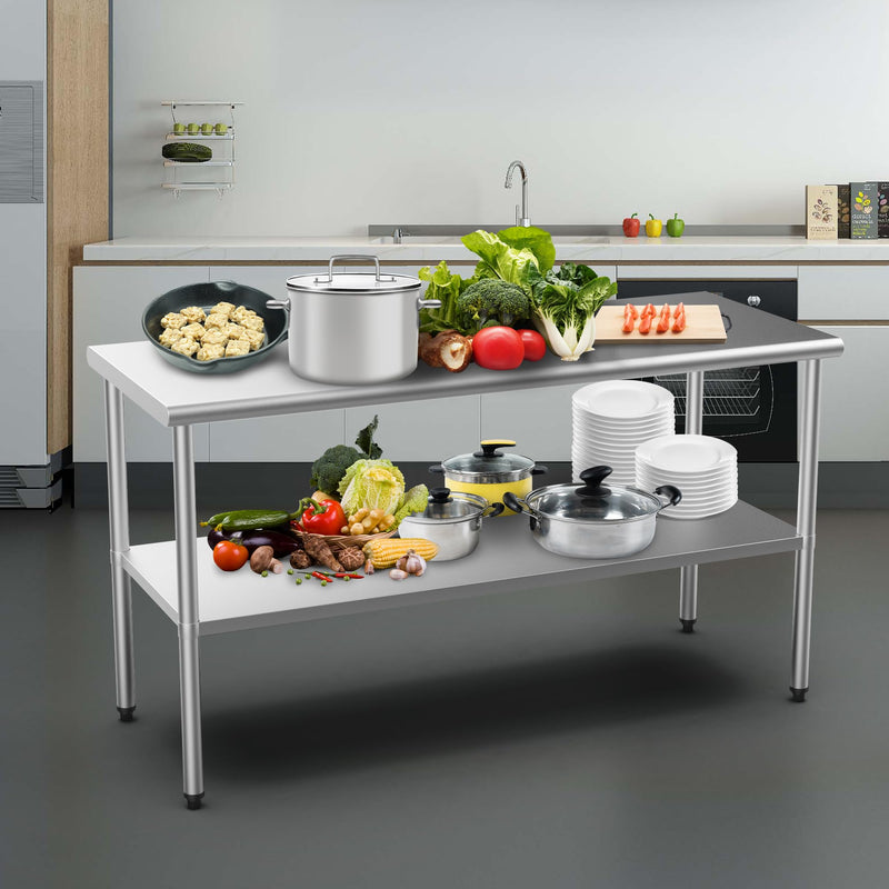 ROVSUN 60 x 24 Inches Kitchen Stainless Steel Table Heavy Duty Prep Work Metal Table with Adjustable Undershelf