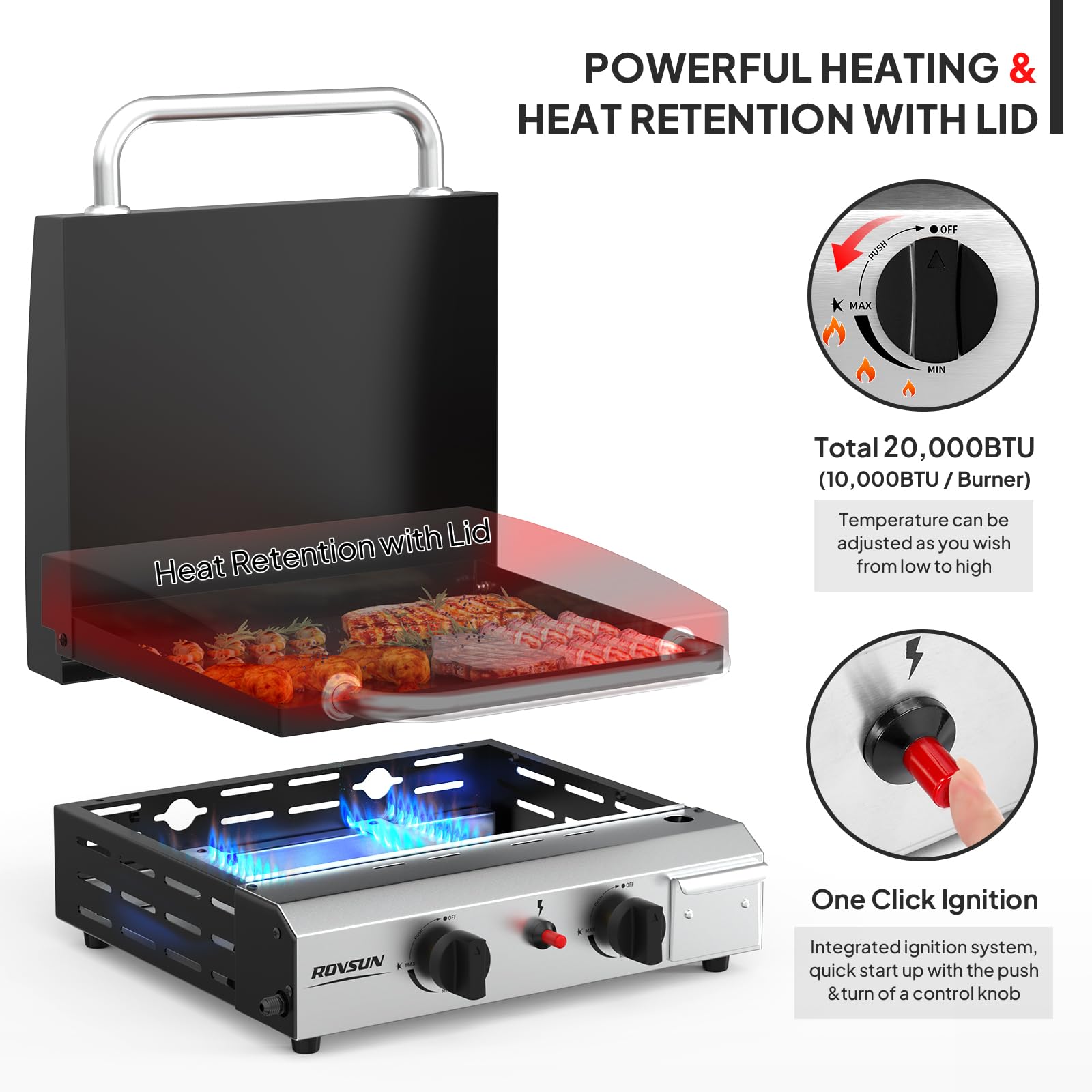ROVSUN 2 Burner 20,000 BTU Portable Propane Rolling Flat Top Gas Grill with Stand & Lid