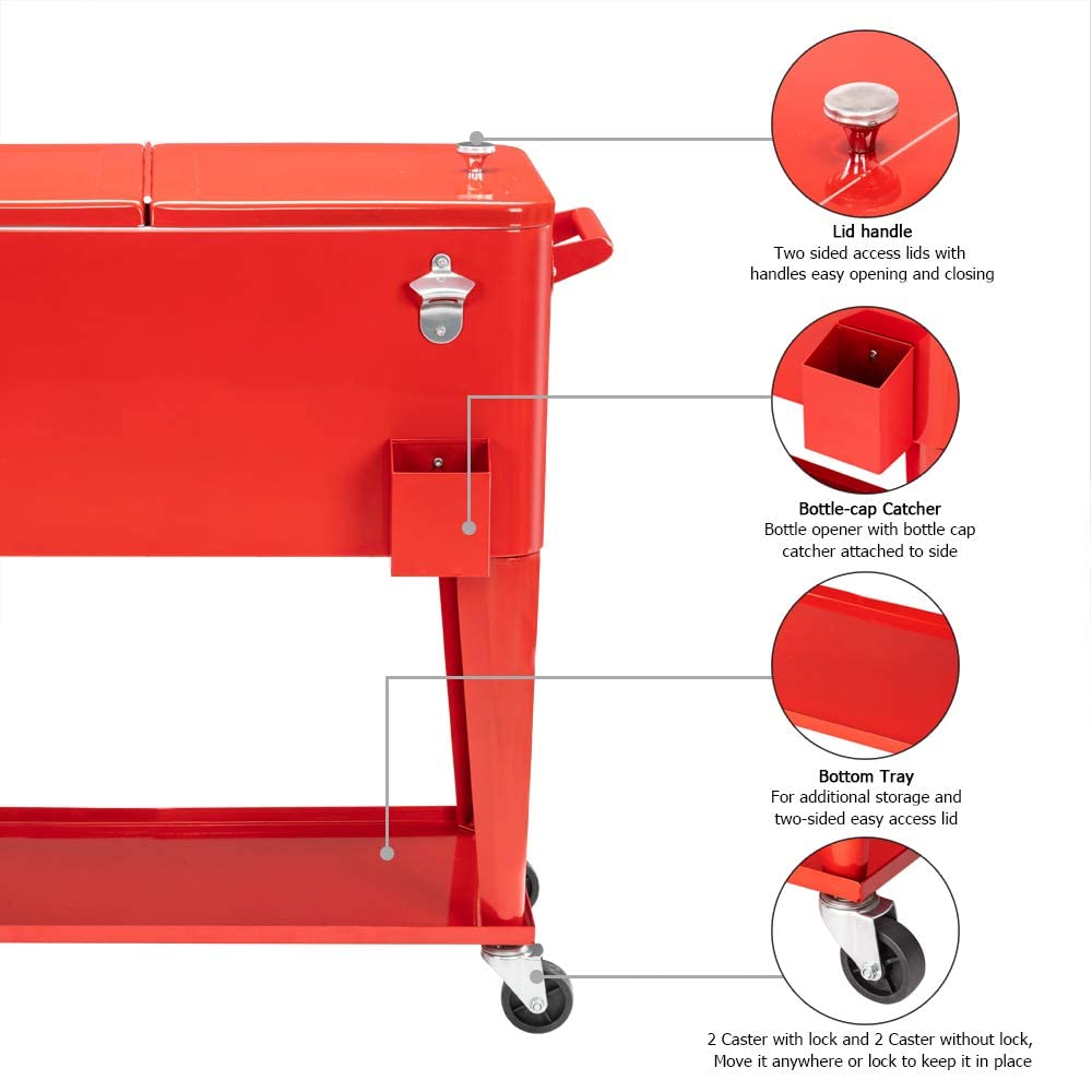 80 Quart Portable Outdoor Patio Rolling Cooler Cart Red
