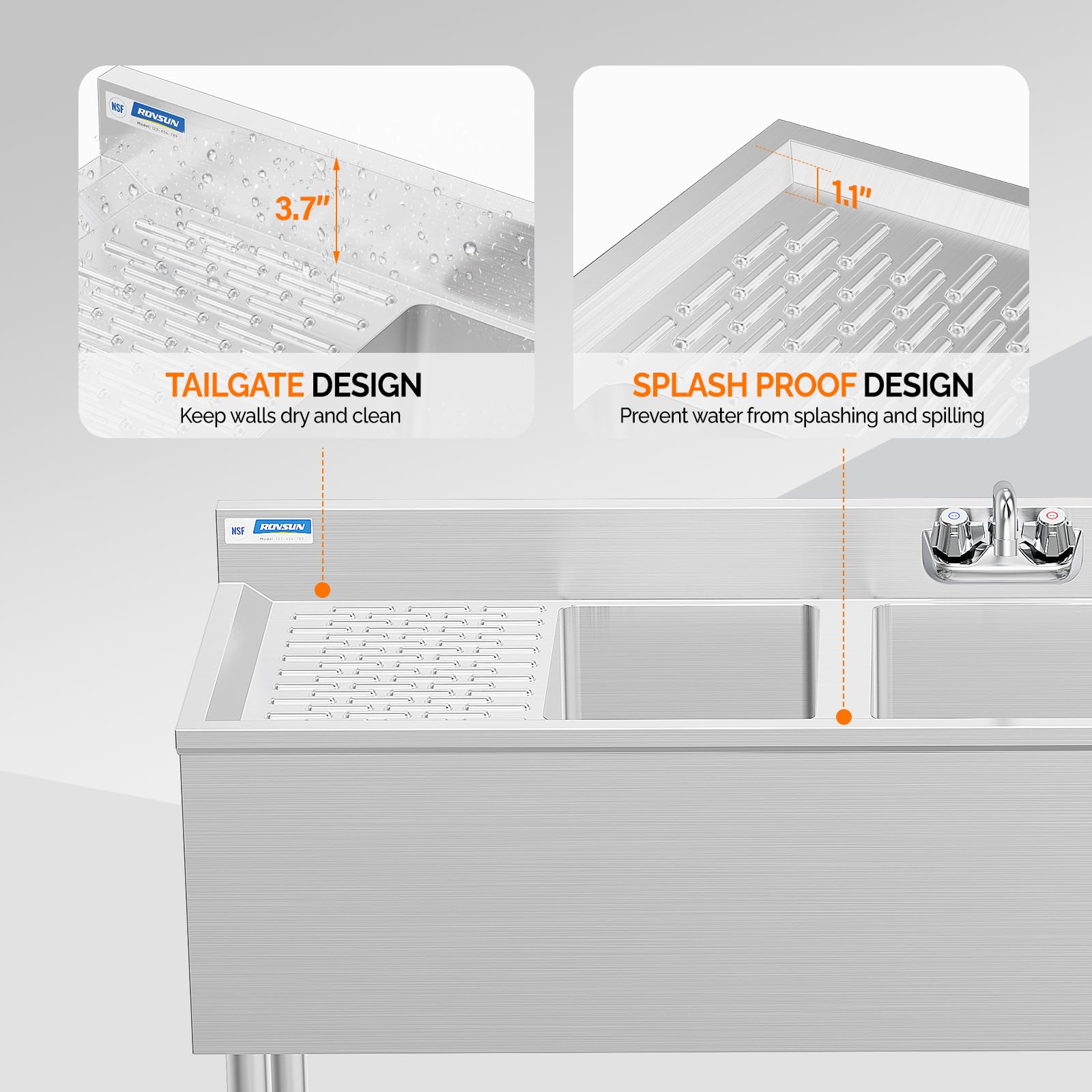 ROVSUN 60" x 18" 3 Bowl Underbar Sink with Faucet & 2 Drainboards