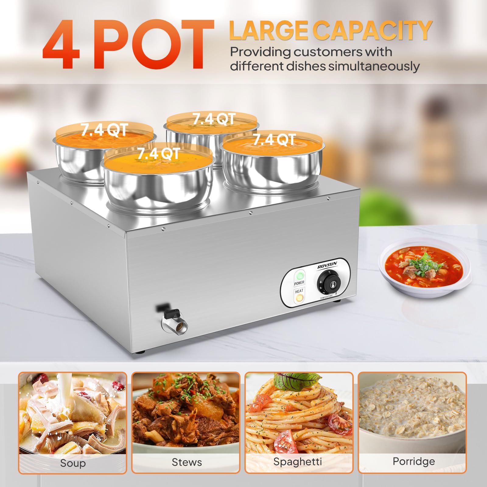ROVSUN 30 QT 1,500W 110V Electric Soup Warmer Steam Table Countertop