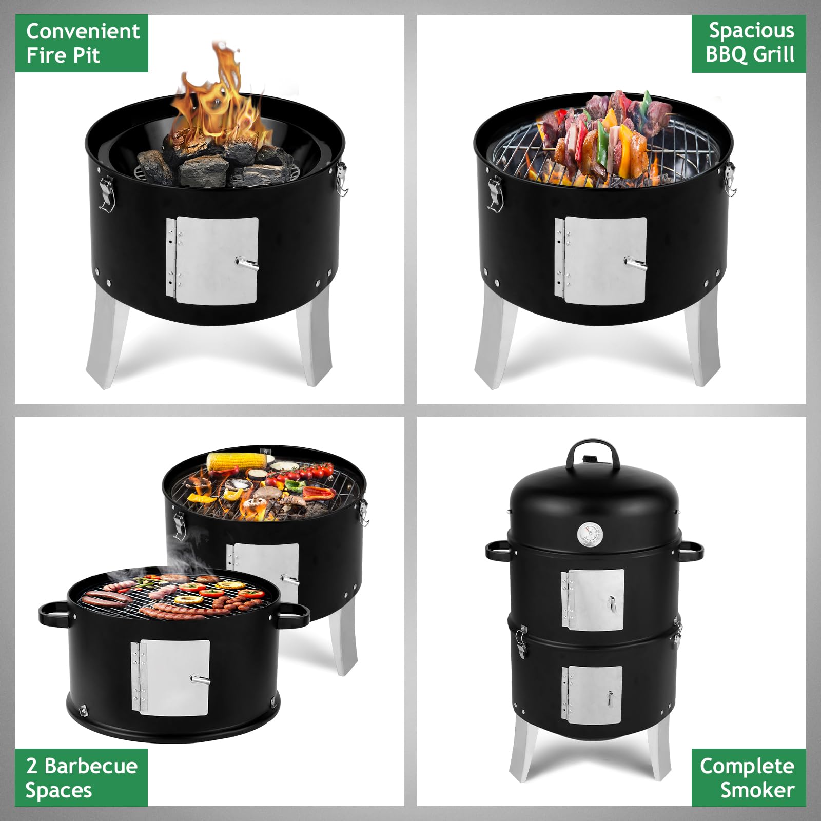 3-in-1 Vertical Charcoal Grill Outdoor BBQ Charcoal Smoker