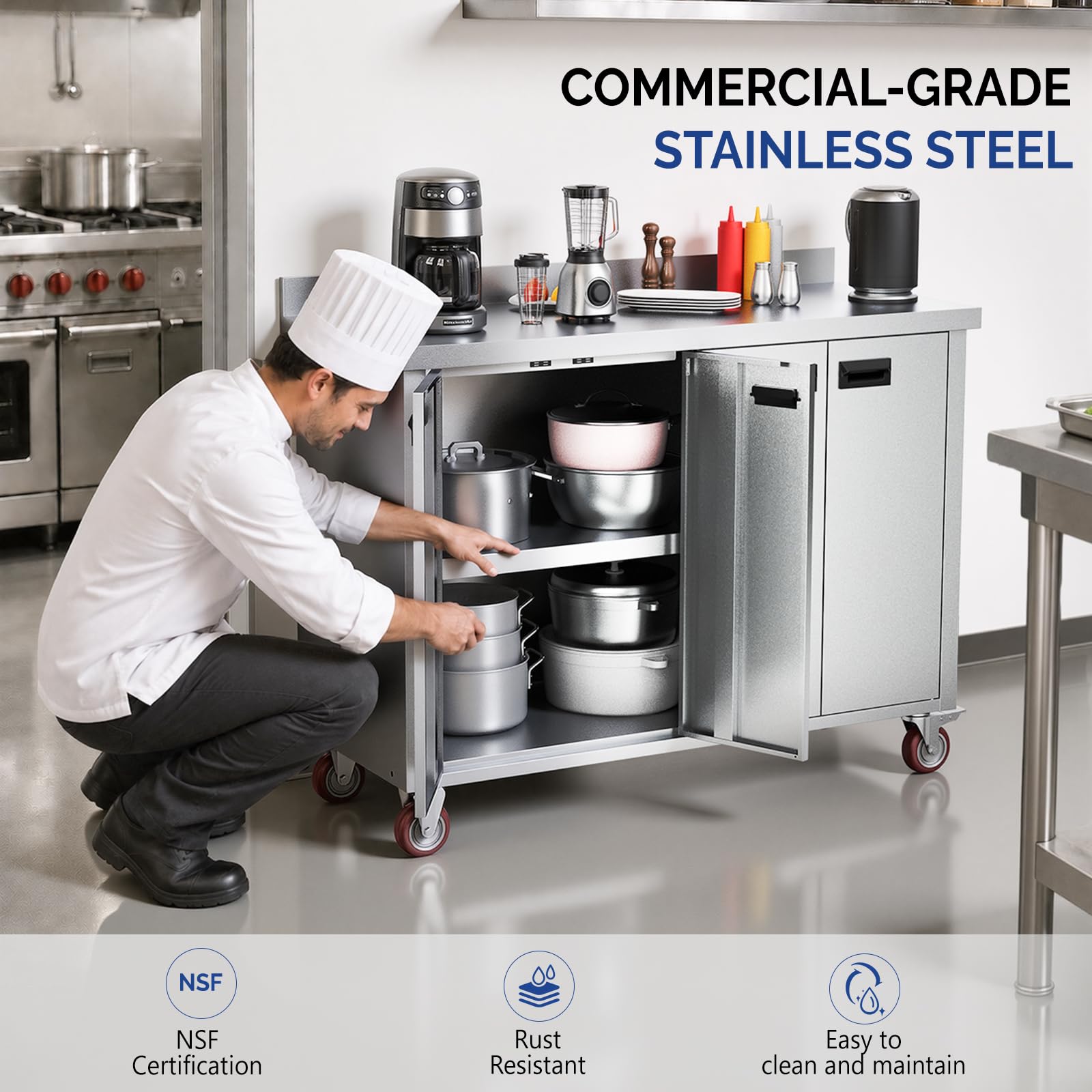 ROVSUN 47" x 19" Stainless Steel Table with Cabinet & Wheels