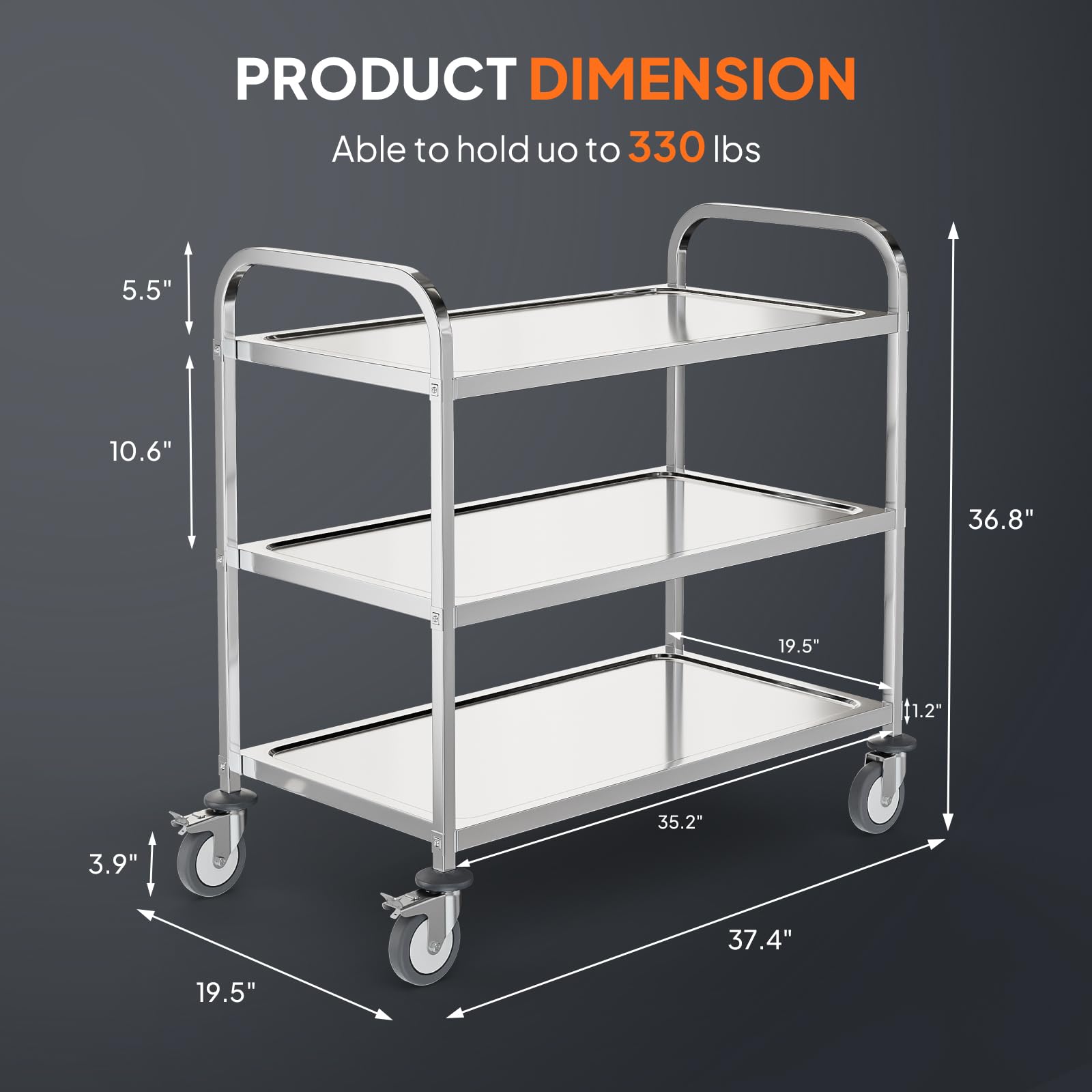 3-Tier 37" x 19" 330 lb. Capacity Stainless Steel Utility Cart