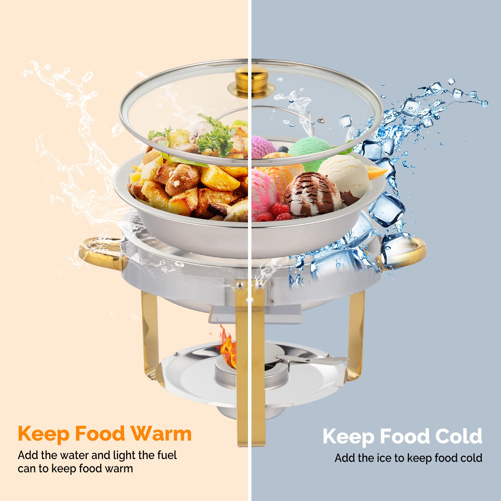 ROVSUN 5 QT Round Gold Chafing Dish Set with Glass Lid & Lid Holder