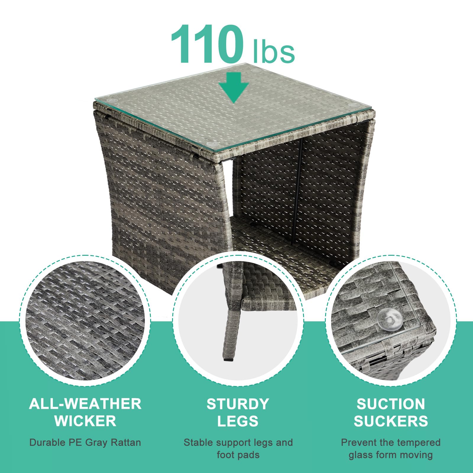 Outdoor Wicker Side Table with Storage Grey
