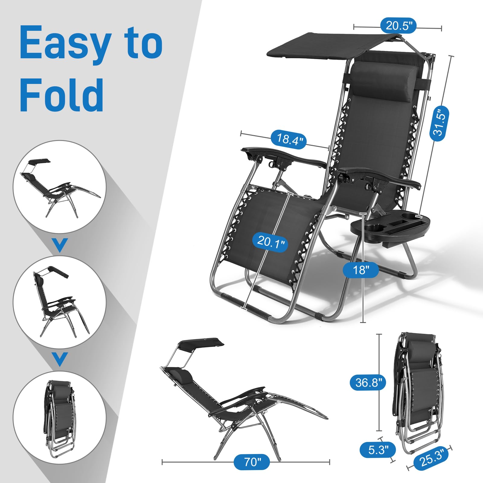 Outdoor Folding Zero Gravity Lounge Chair with Canopy Black