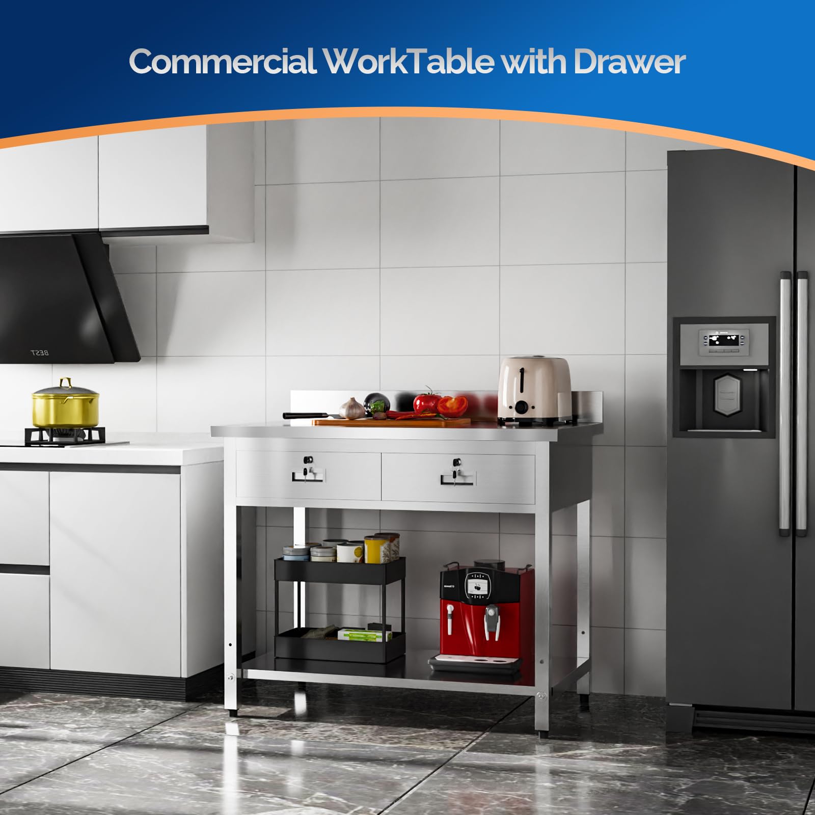 ROVSUN 42" x 26" Stainless Steel Work Table with 2 Drawers