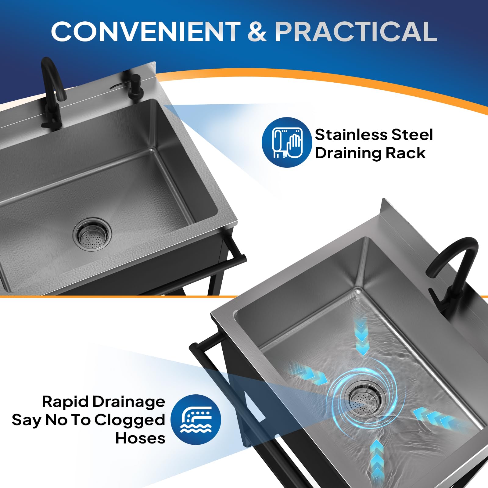 ROVSUN 26" x 21" Stainless Steel Utility Sink with Towel Rack