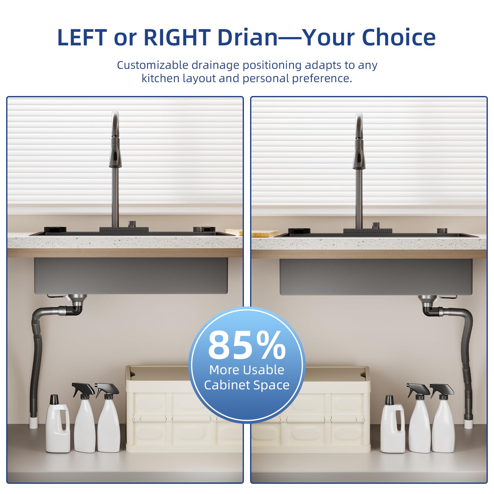 ROVSUN 33" x 22" Drop-in Waterfall Kitchen Sink with Left Drain Black