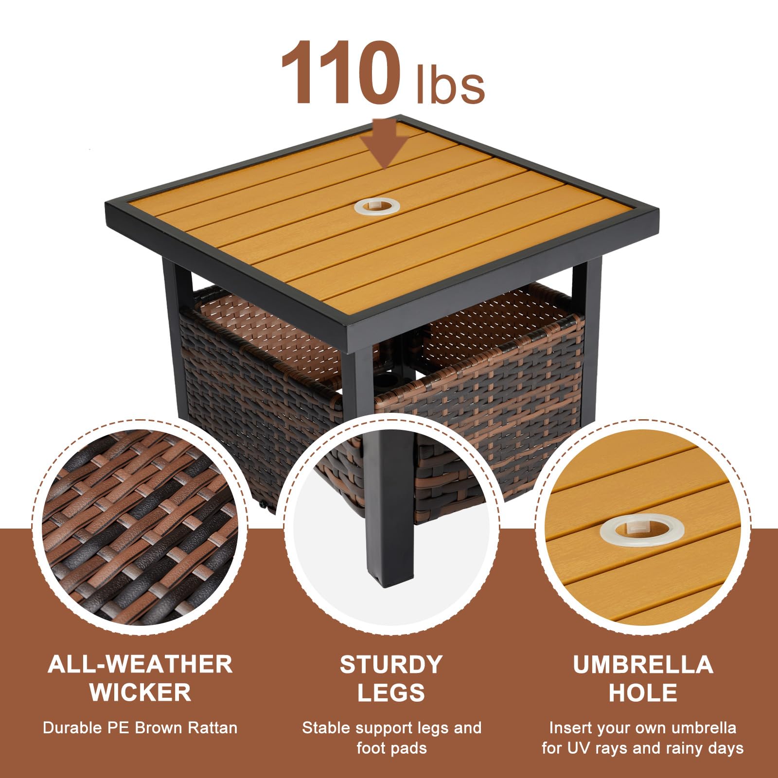 Outdoor Wicker Side Table with Umbrella Hole Yellow