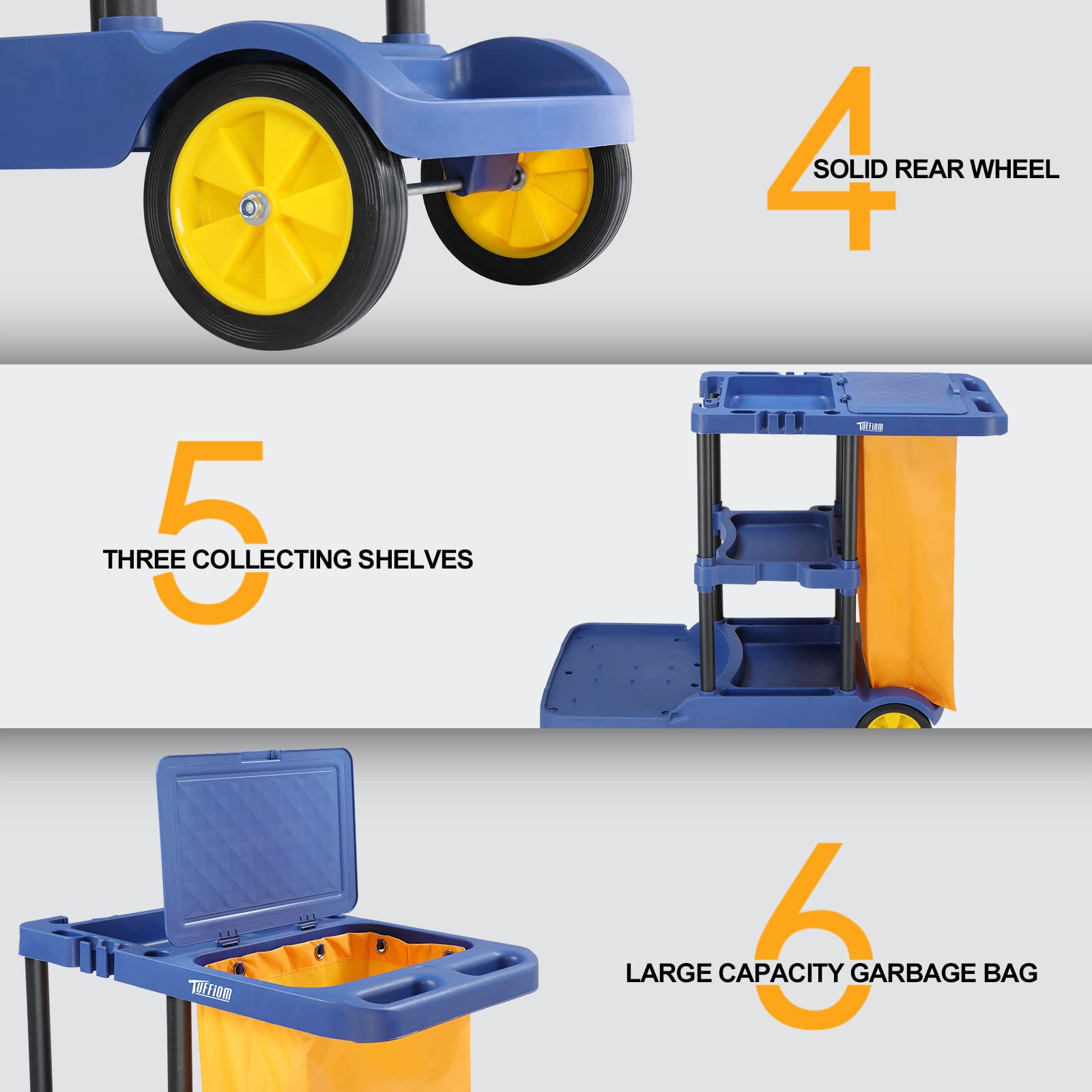 3-Tier 500 LBS Capacity Janitorial Cart with 22 Gallon Bag Blue