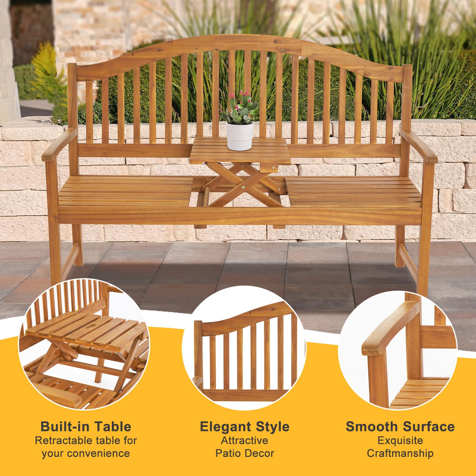 59" Outdoor Bench Wood with Built in Table