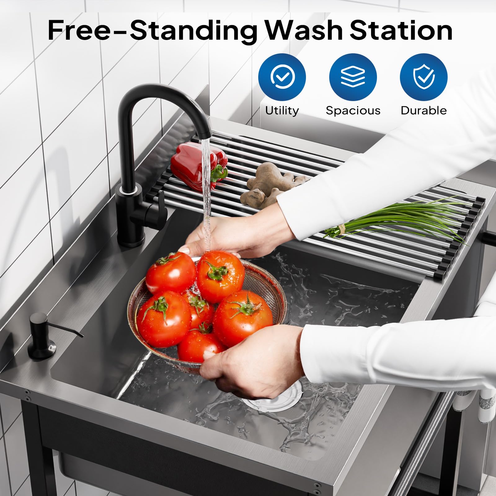ROVSUN 31" x 22" Stainless Steel Utility Sink with Faucet & Draining Rack