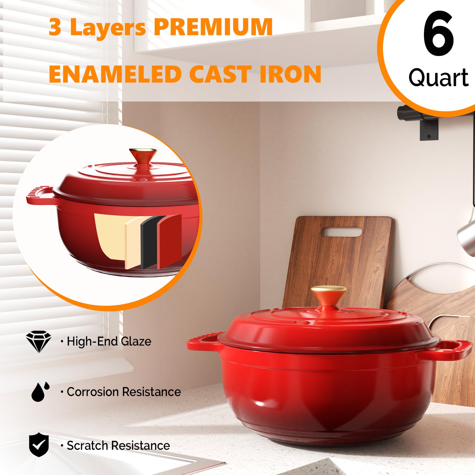 ROVSUN 6 QT Enameled Cast Iron Round Dutch Oven Red