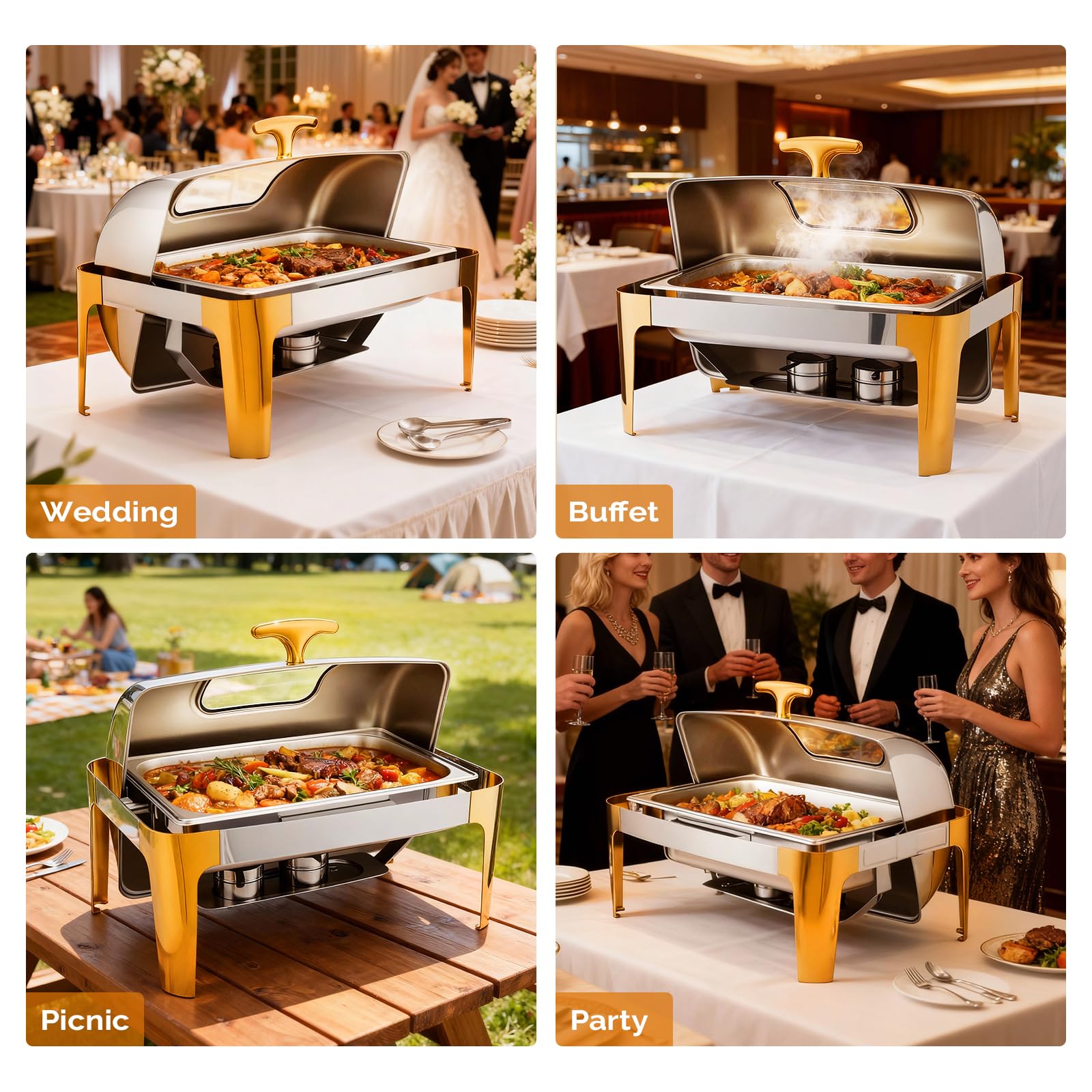 ROVSUN 9 QT Roll Top Rectangular Silver-Gold Chafing Dish Buffet Set with Visible Window
