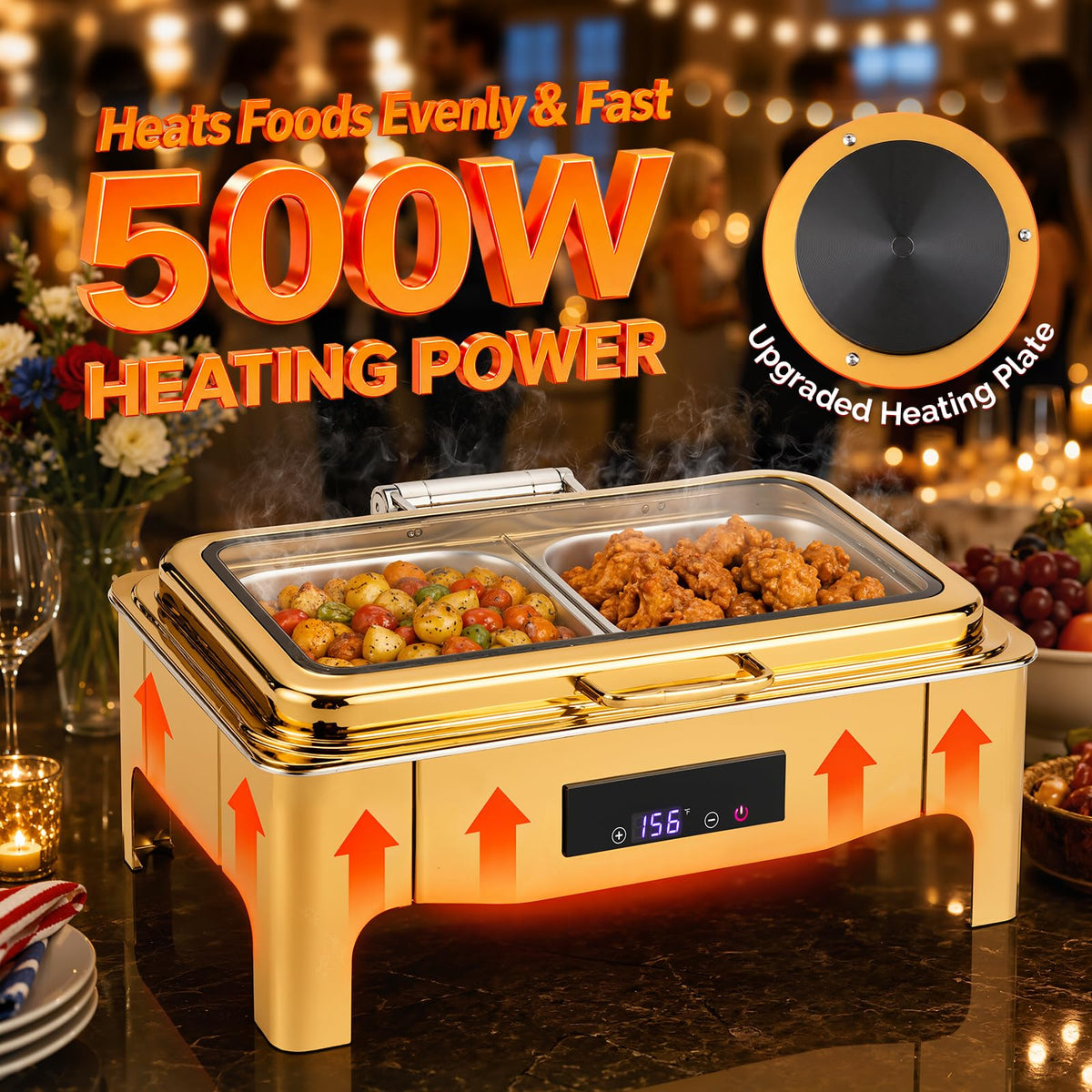 ROVSUN 9 QT Electric Gold Chafing Dish Buffet Set with Temp Display
