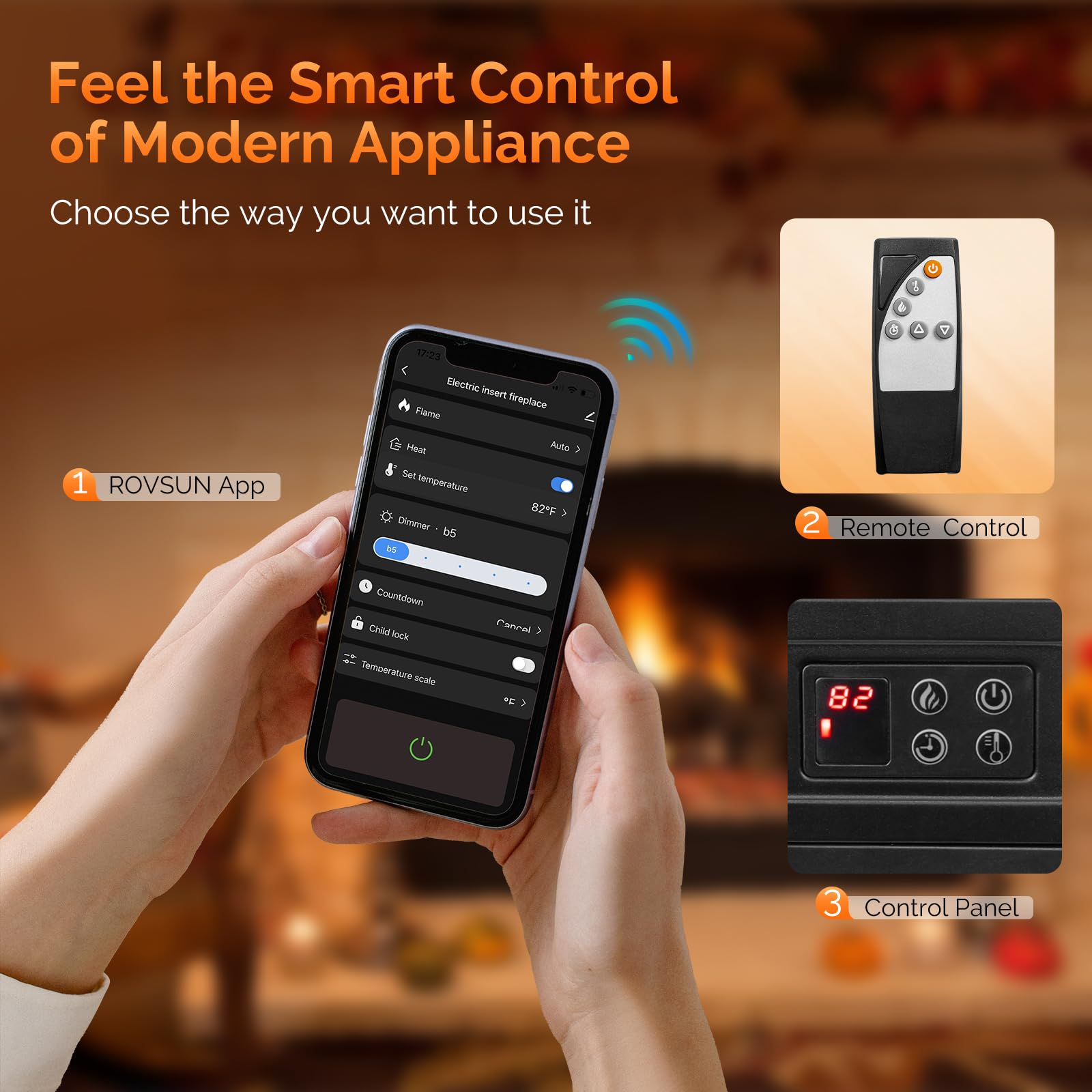 ROVSUN 23'' 1400W 120V Electric Fireplace Inserts with APP & Remote