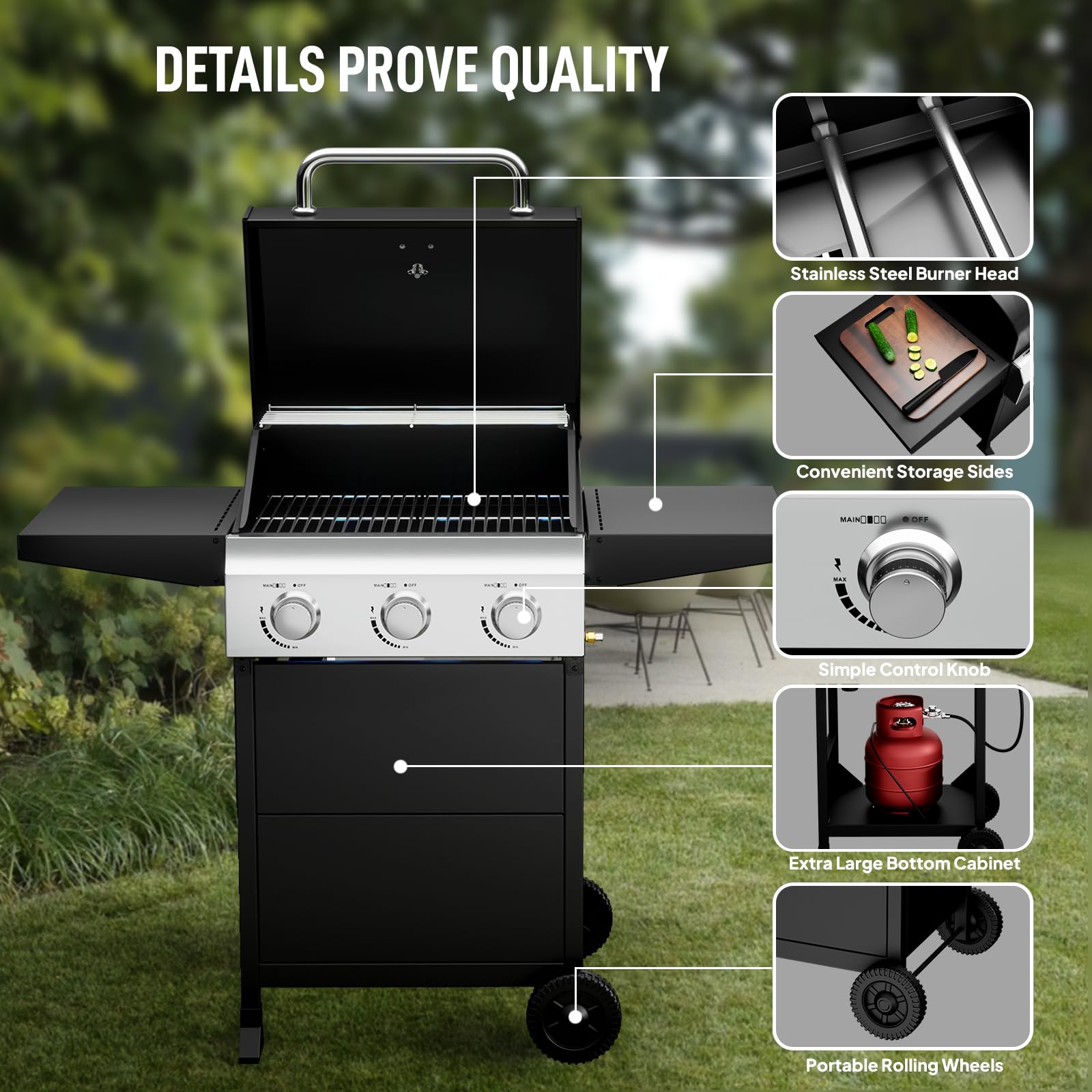 ROVSUN 3-Burner 36,000 BTU Propane Grill with Foldable Side Tables & Wheels