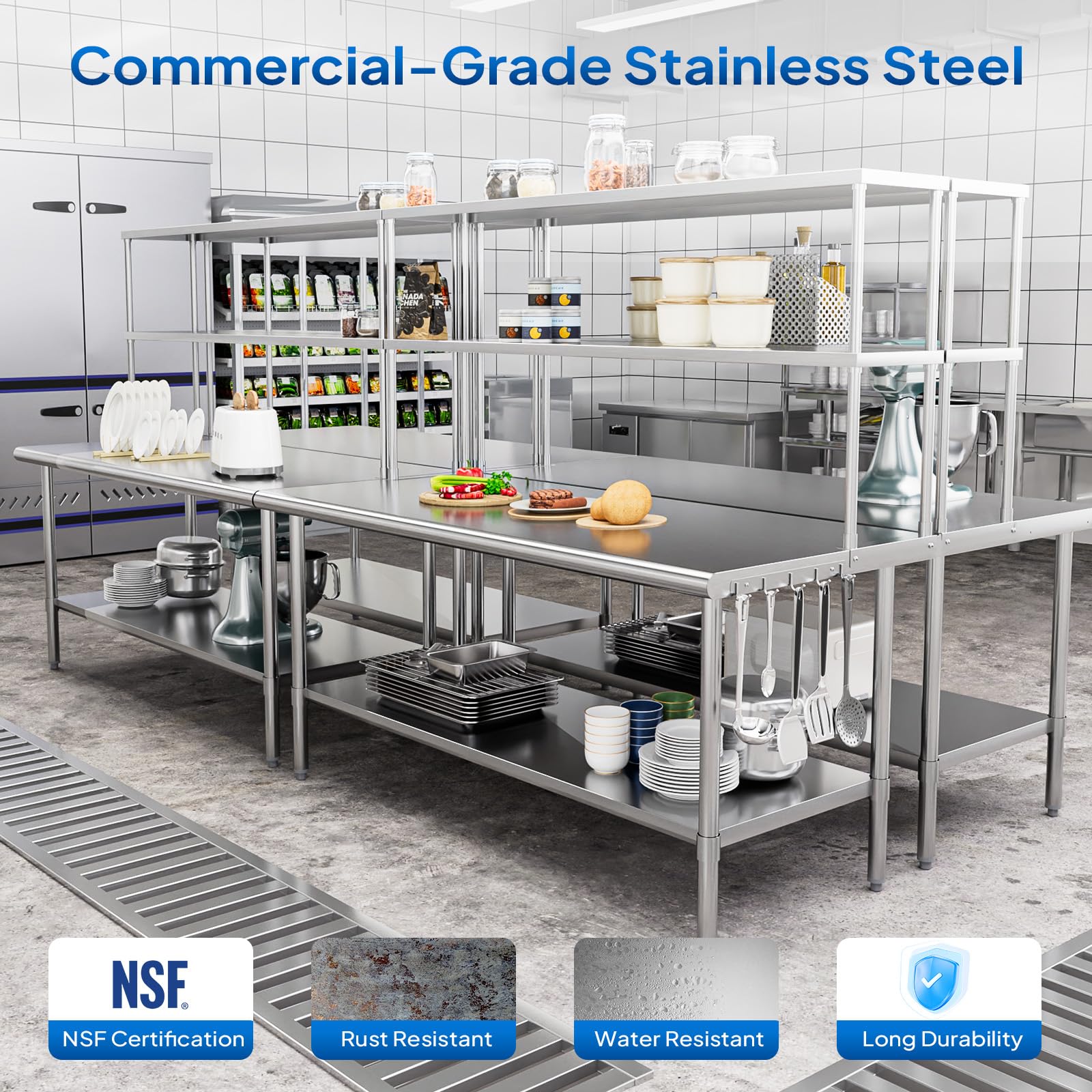 ROVSUN 72" X 30" Stainless Steel Table with Overshelves