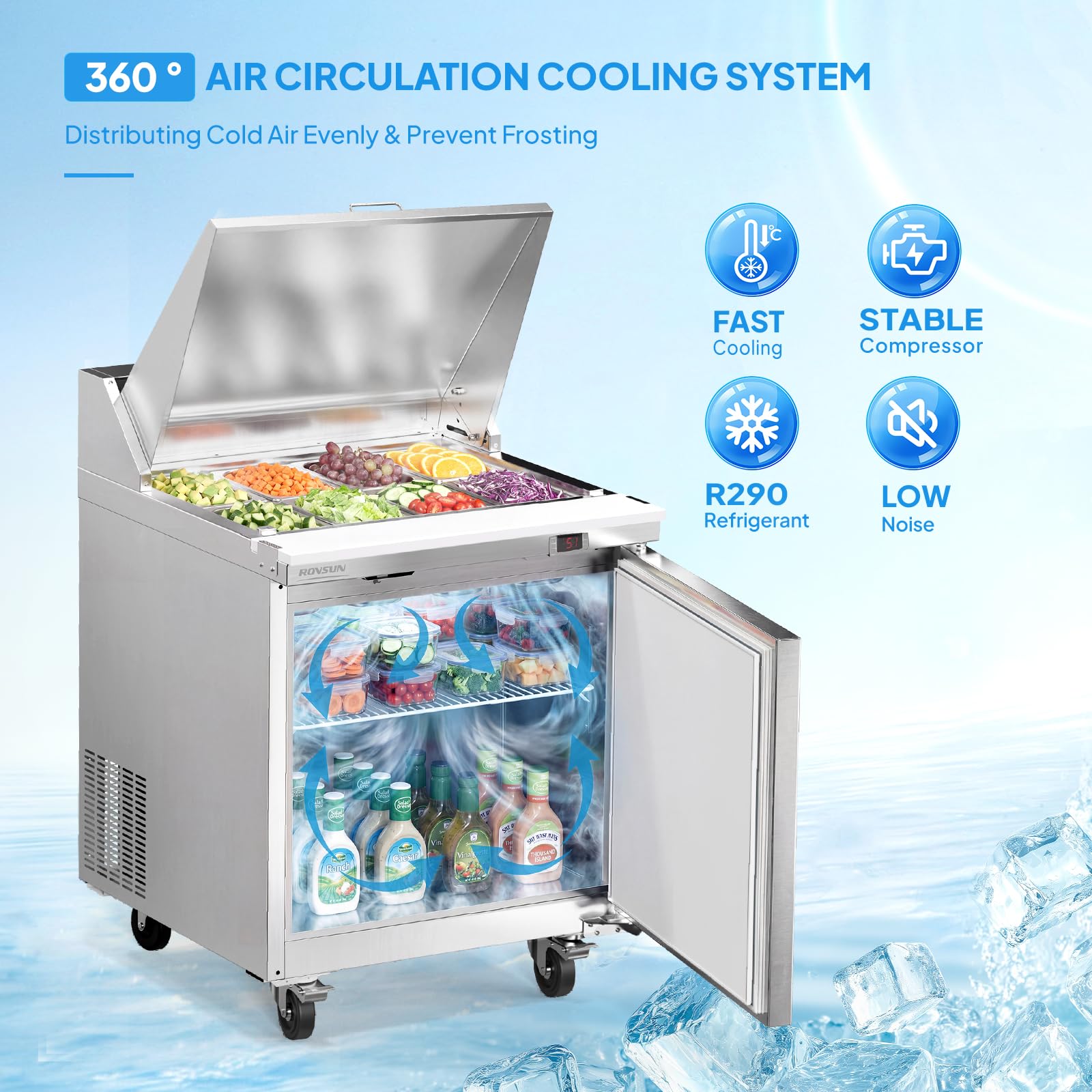 ROVSUN 29" 8-Pan Refrigerated Salad Sandwich Prep Table