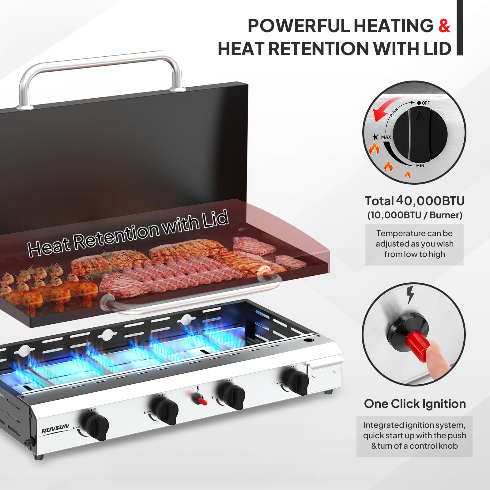 ROVSUN 4 Burner 40,000 BTU Portable Propane Tabletop Flat Top Gas Grill with Lid