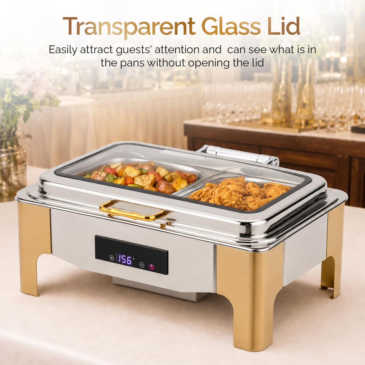 ROVSUN 9 QT Electric Silver-Gold Chafing Dish Buffet Set with Temp Display