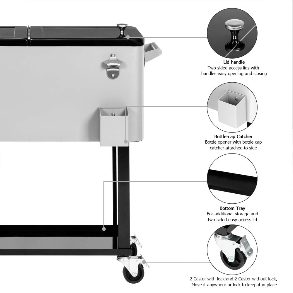 80 Quart Portable Outdoor Patio Rolling Cooler Cart Grey