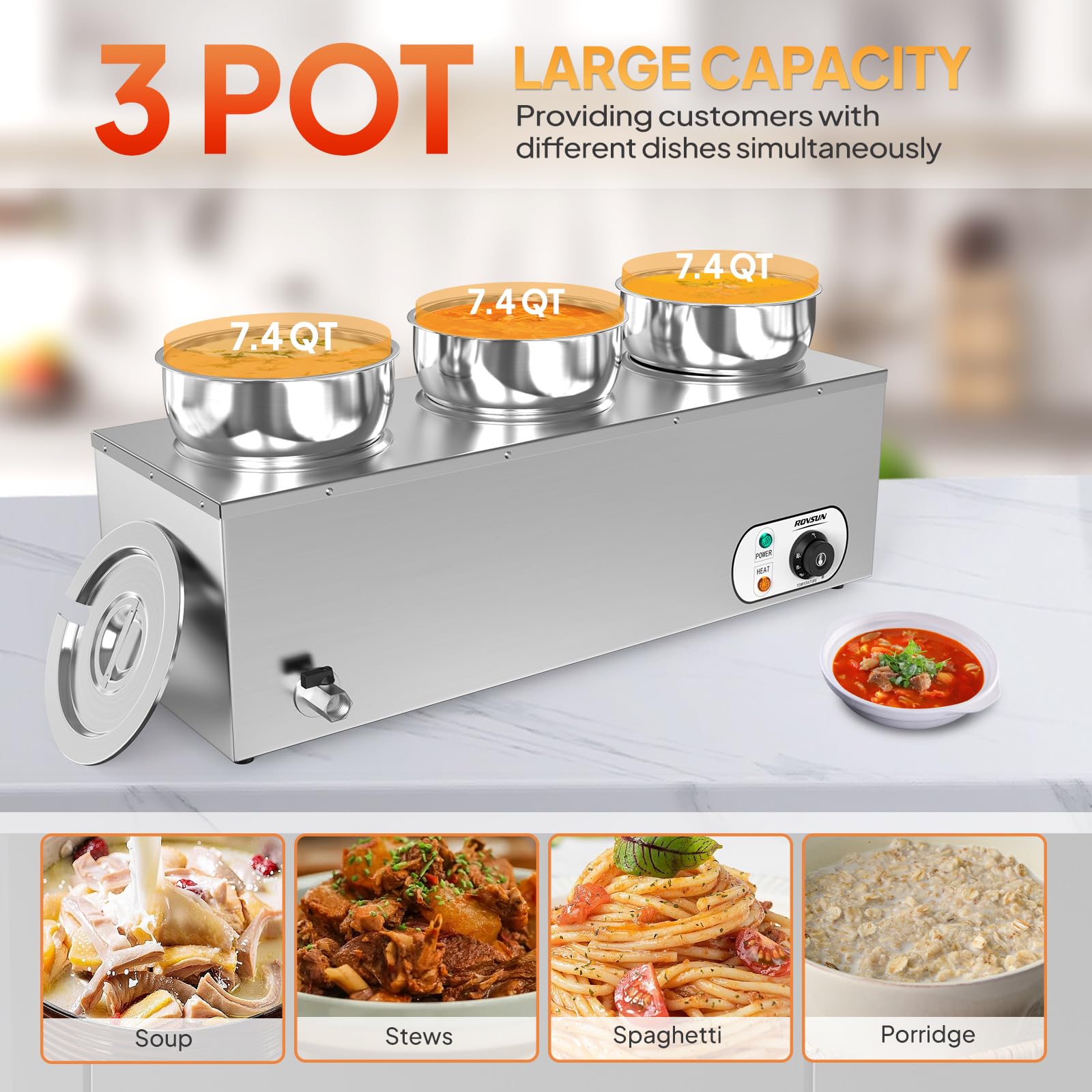 ROVSUN 22 QT 1,200W 110V Electric Soup Warmer Steam Table Countertop
