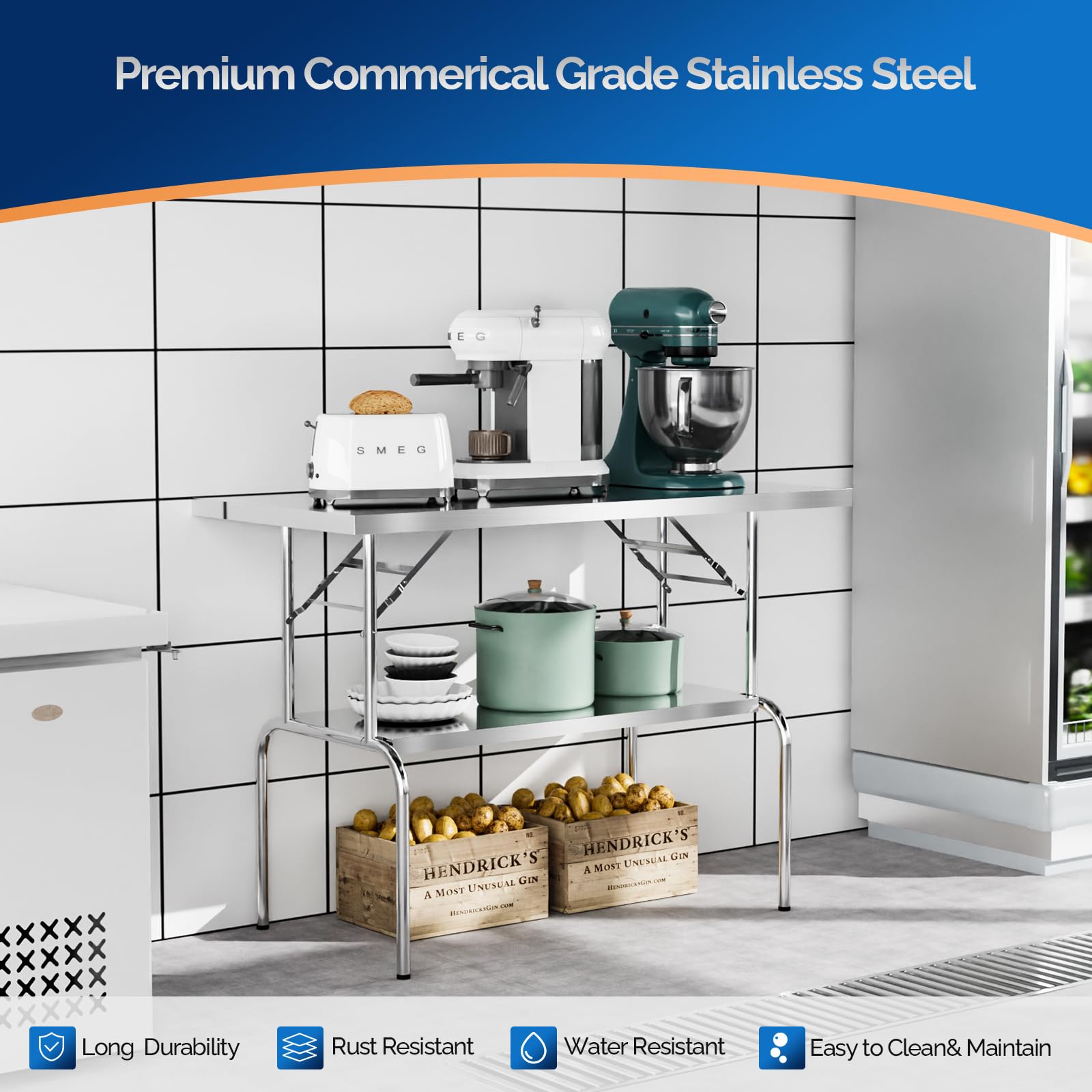 ROVSUN 48" x 24" Stainless Steel Folding Work Table with Undershelf