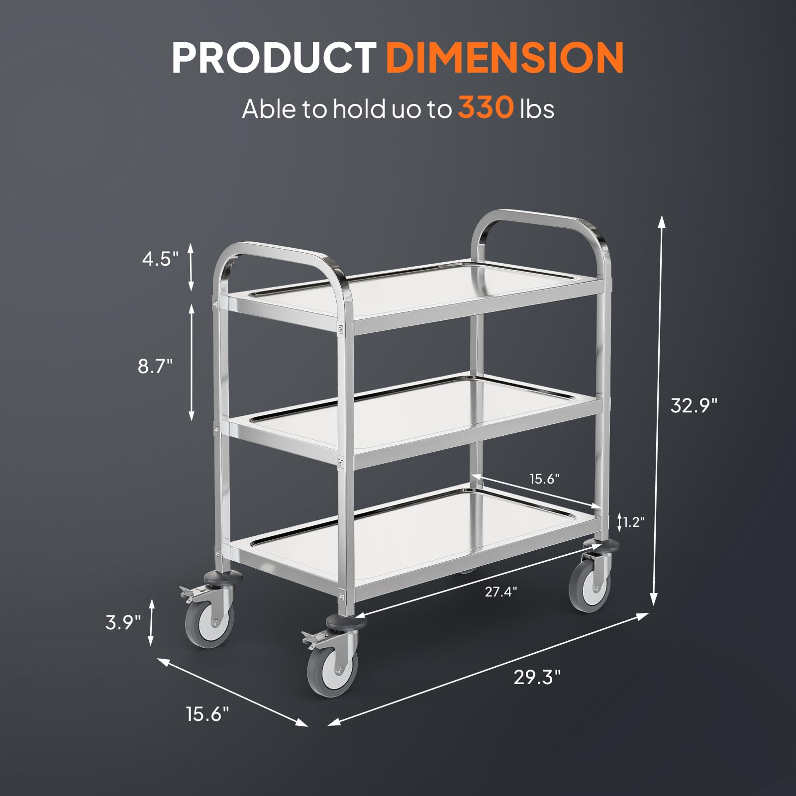 3-Tier 29" x 16" 330 lb. Capacity Stainless Steel Utility Cart