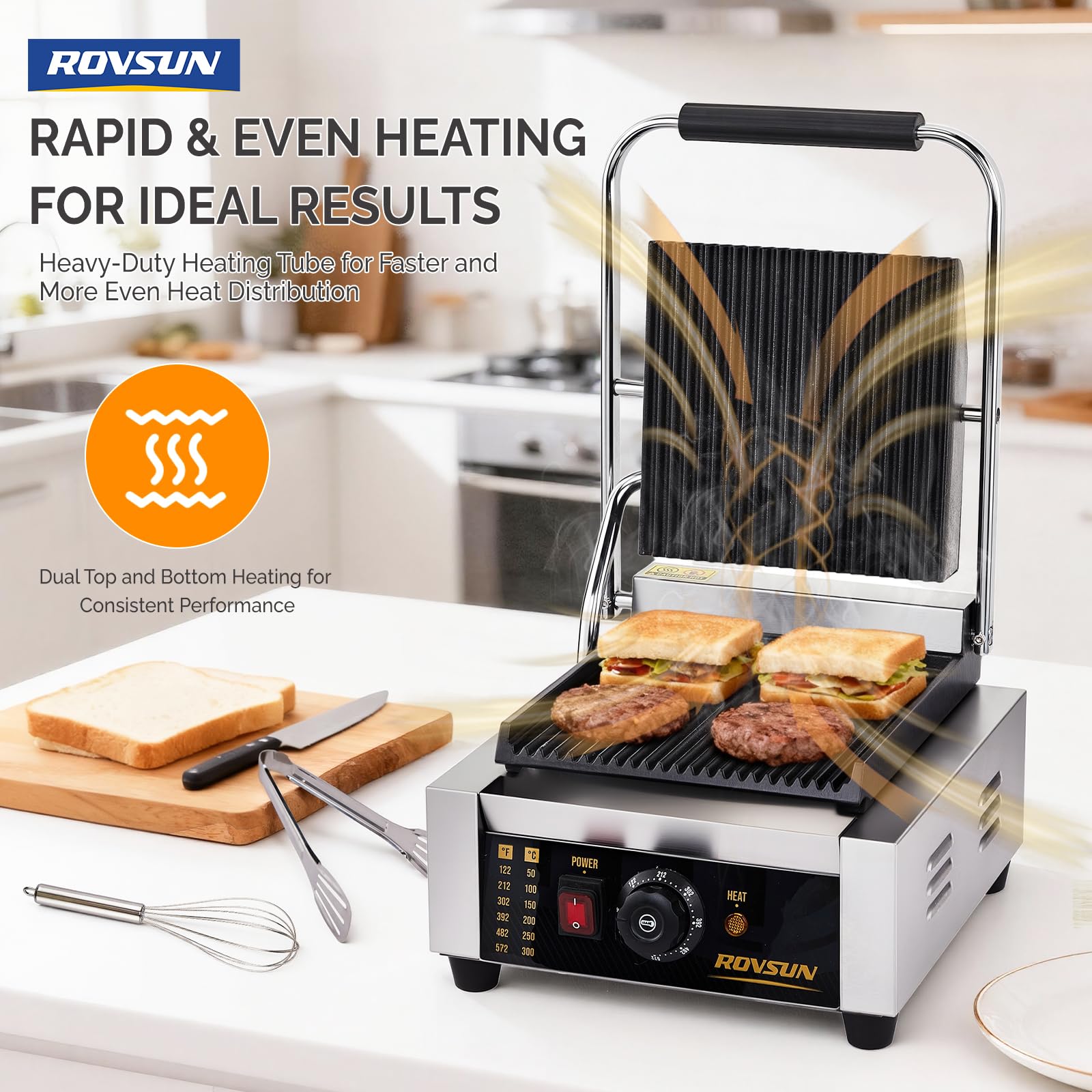 ROVSUN 12" 1800W 110V Commercial Panini Press Grill with Adjustable Temp