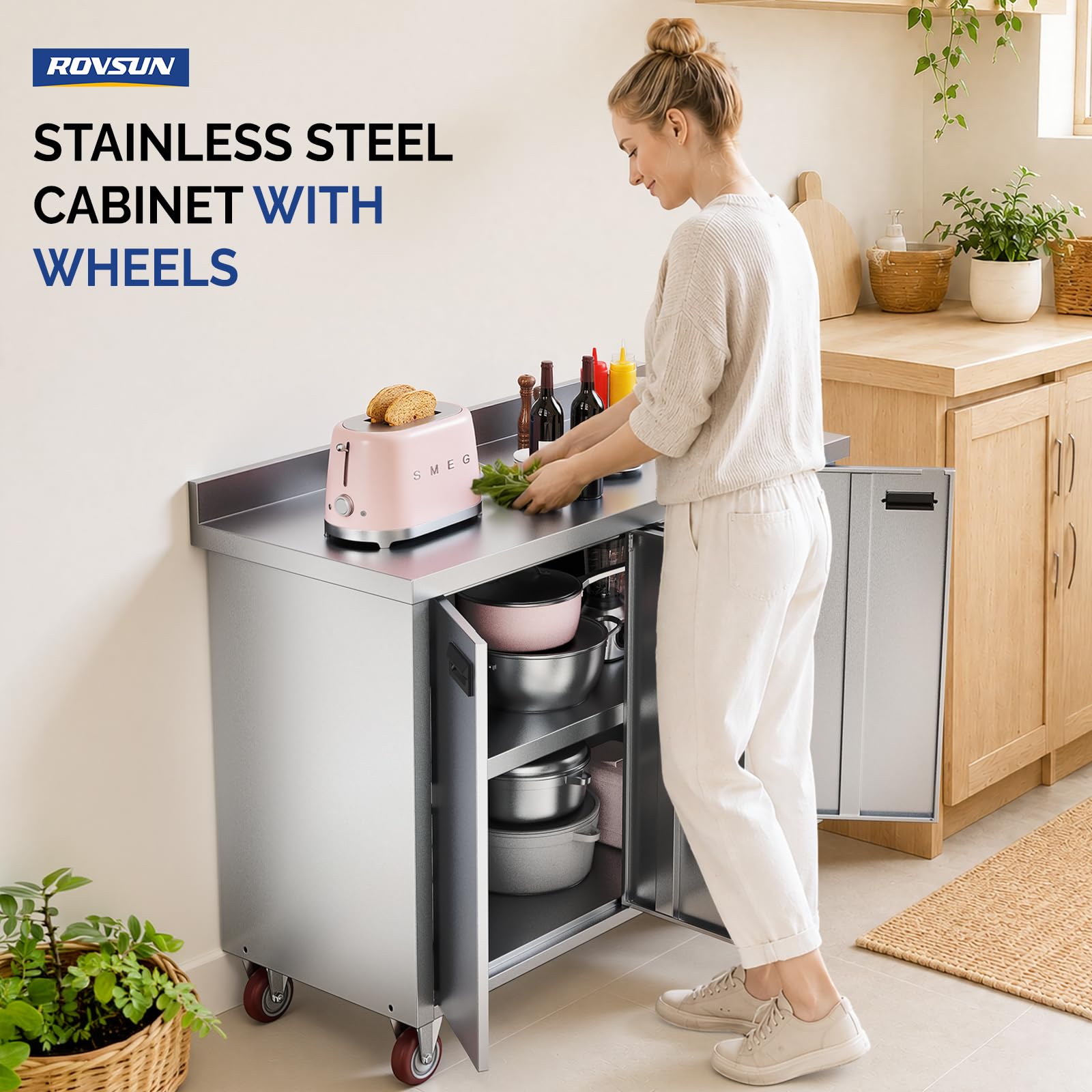 ROVSUN 47" x 19" Stainless Steel Table with Cabinet & Wheels