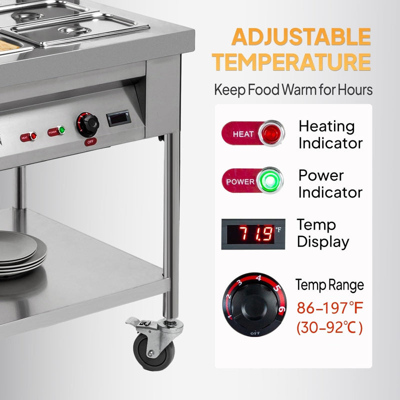 ROVSUN 72QT 1500W 110V 9-Pan Electric Commercial Food Warmer Steam Table with Shelf