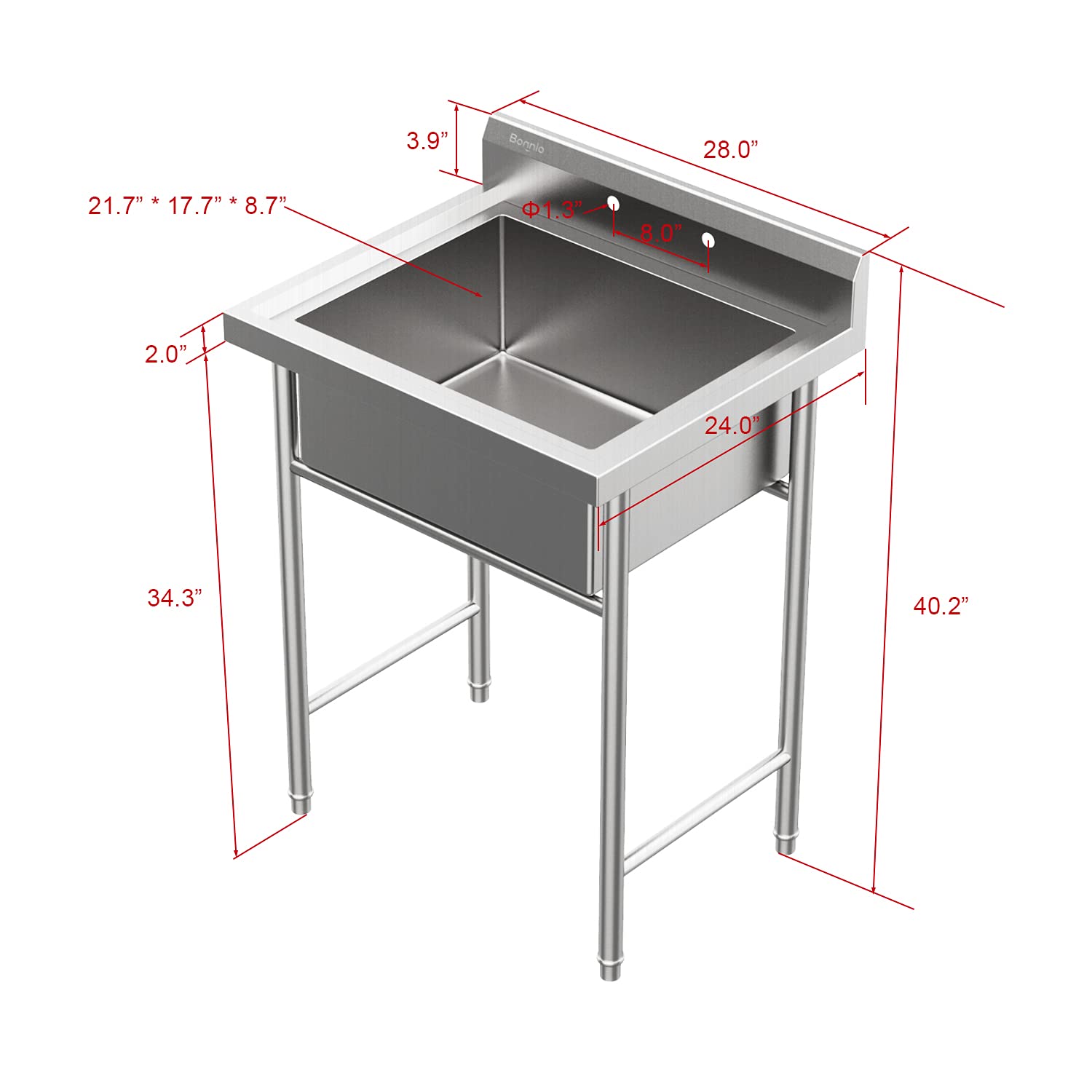 ROVSUN 28" x 24" 1 Compartment 304 Stainless Steel Sink with Backsplash