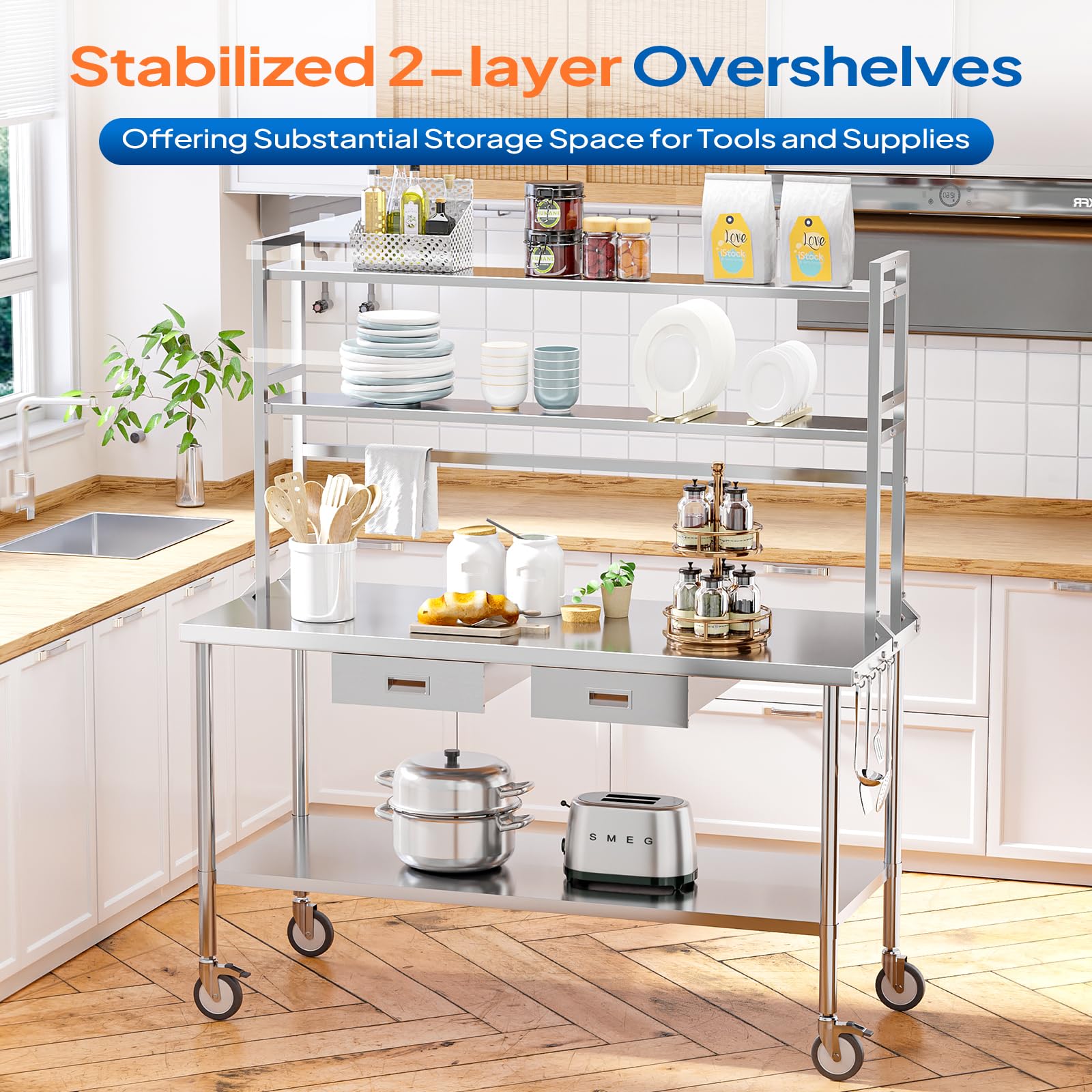 ROVSUN 48" X 24" Stainless Steel Table with Wheels & Drawers