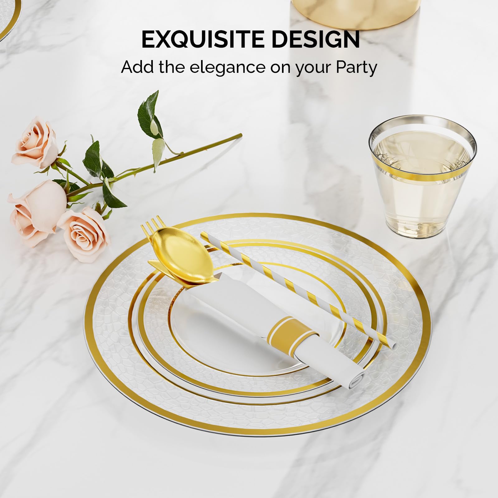 ROVSUN 400 Pieces Pre Rolled Napkins Gold Clear Disposable Plastic Dinnerware Set for 50 Guests