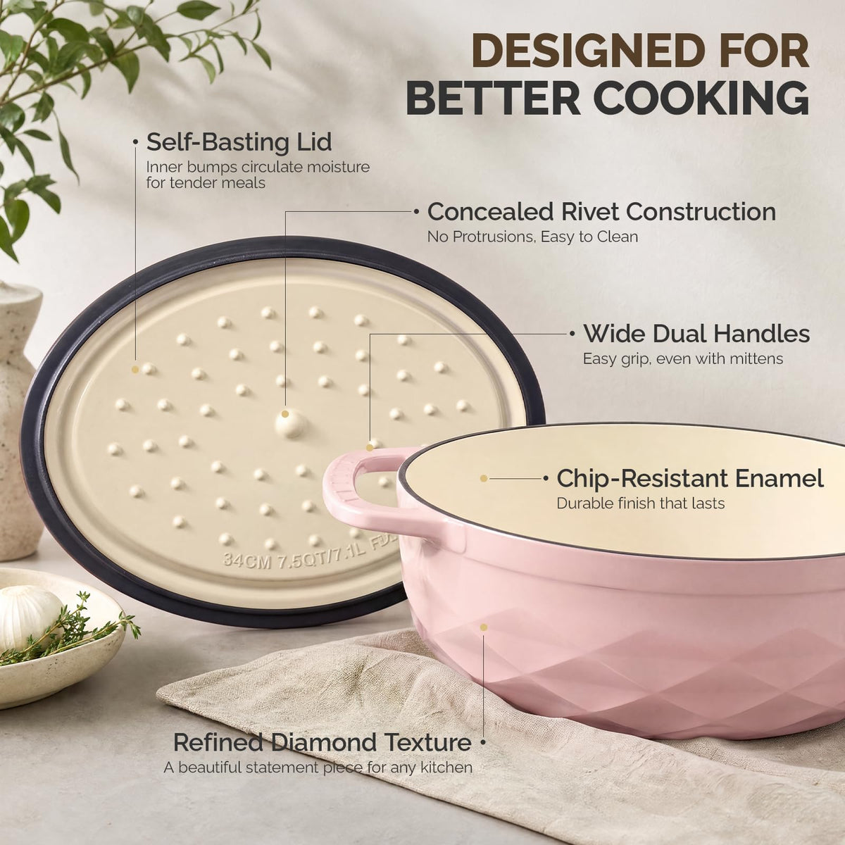ROVSUN 7.5 QT Oval Enameled Cast Iron Dutch Oven Pot Pink