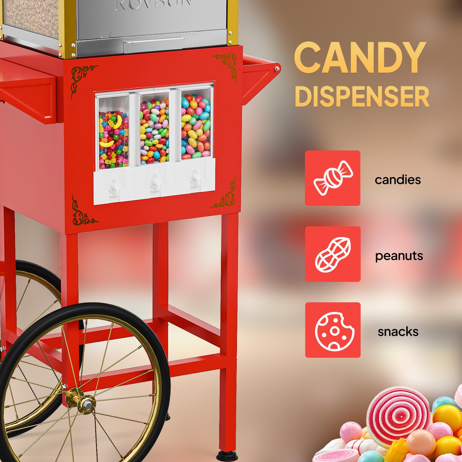 ROVSUN 10 oz Kettle 800W 120V Popcorn Machine Cart with Candy Dispenser Red
