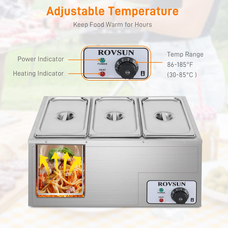 ROVSUN 21QT 600W 110V 3-Pan Commercial Food Warmer Electric Steam Table